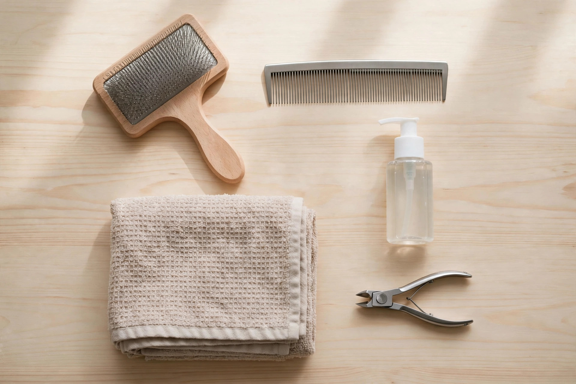 Essential at-home cat grooming tools: slicker brush, metal comb, nail clippers, and cat shampoo arranged on a wooden table