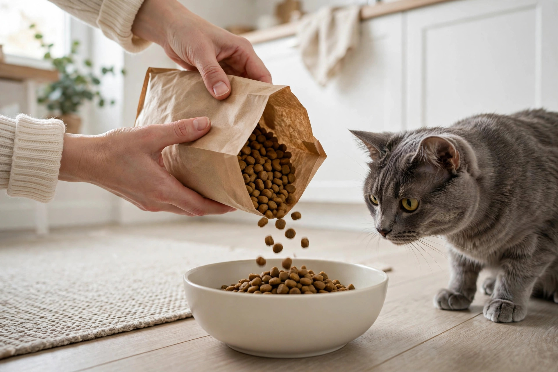 Cat sitter pouring fresh food into a bowl while a grey cat watches in a bright kitchen