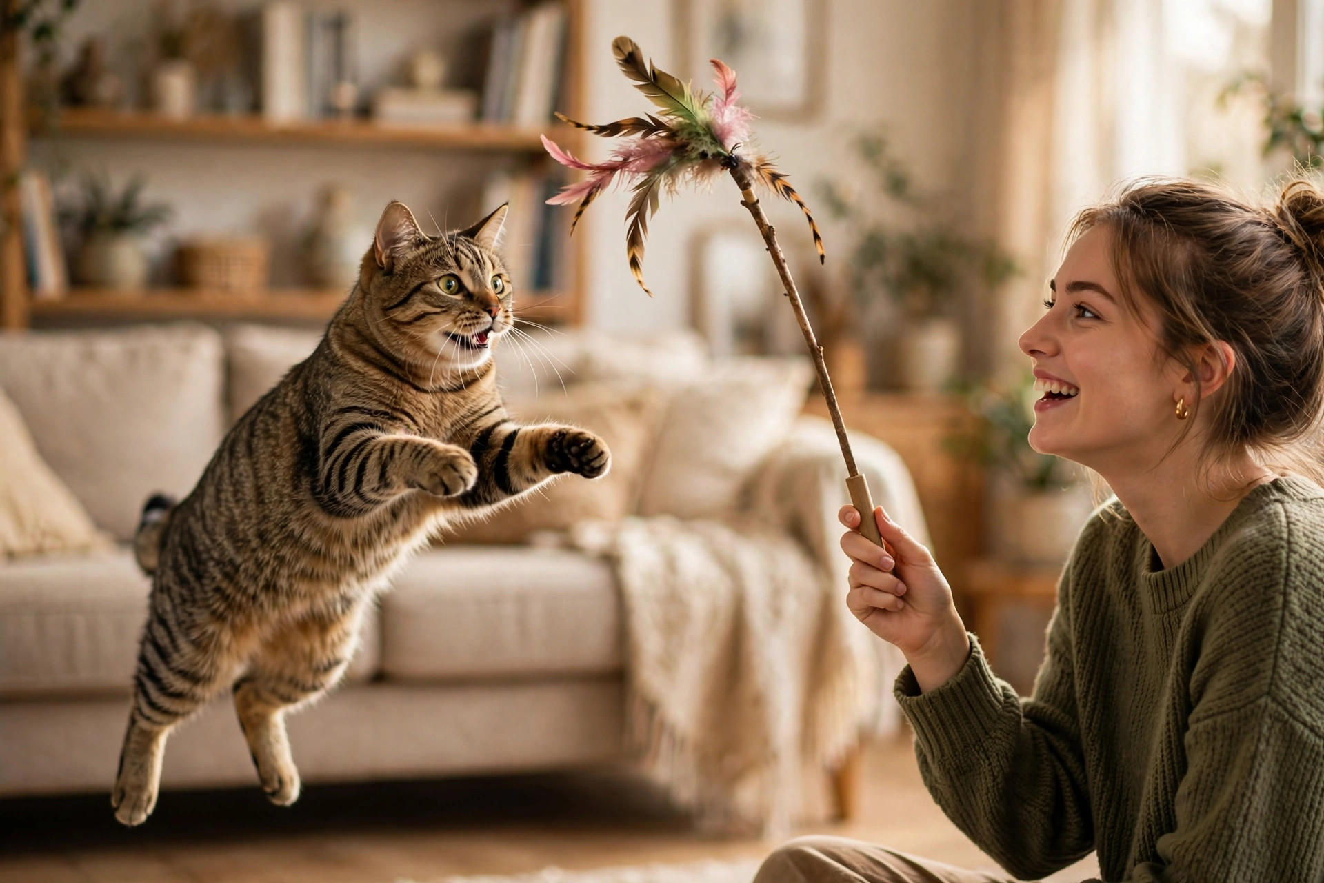 Person playing with a happy tabby cat using a feather wand toy in a bright living room