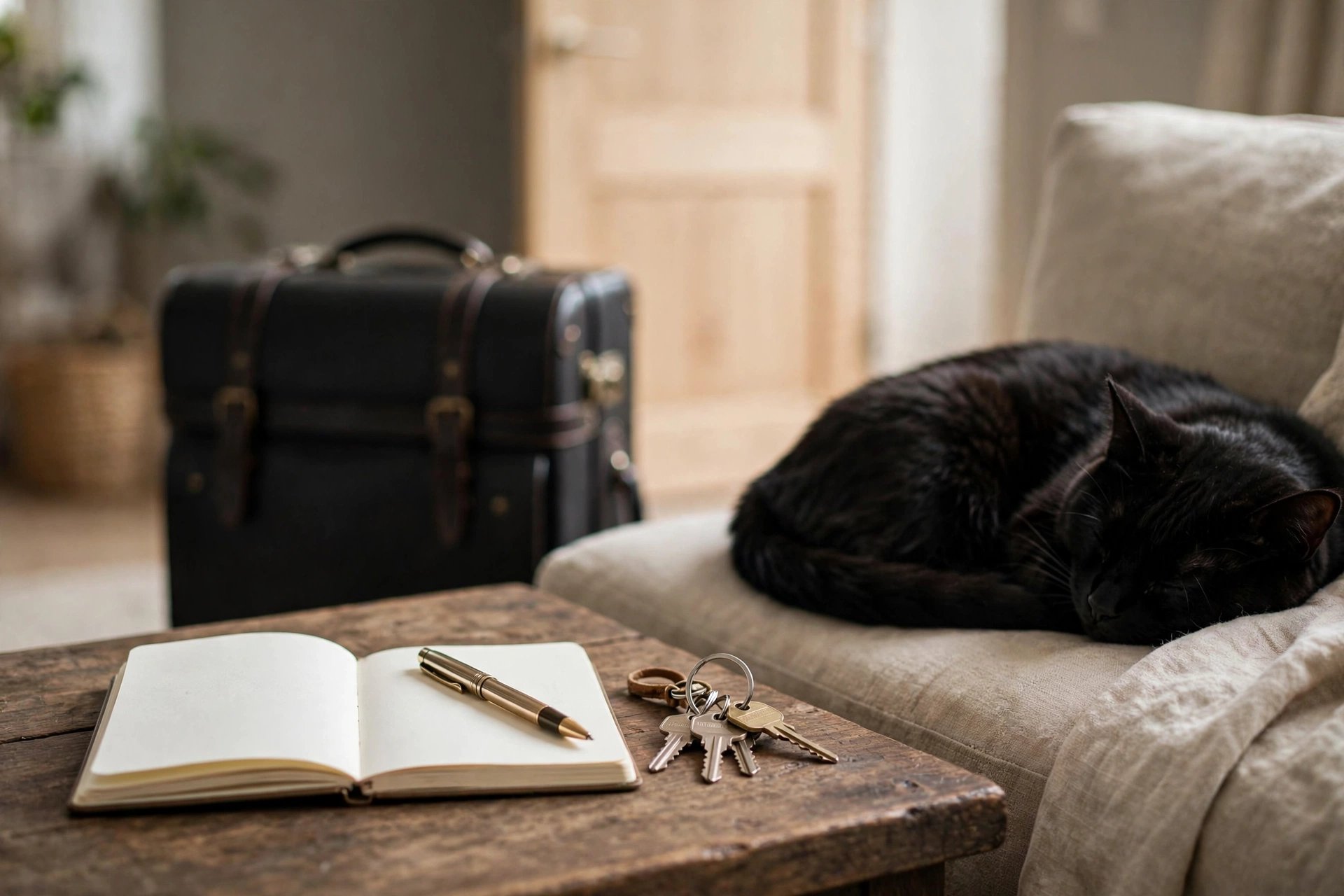 Travel preparation for cat owners: notebook, house keys, and a sleeping cat before a trip
