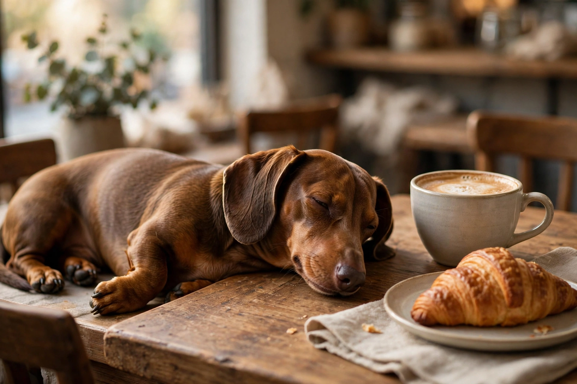 Dachshund relaxing on a cafe table beside a coffee cup and croissant