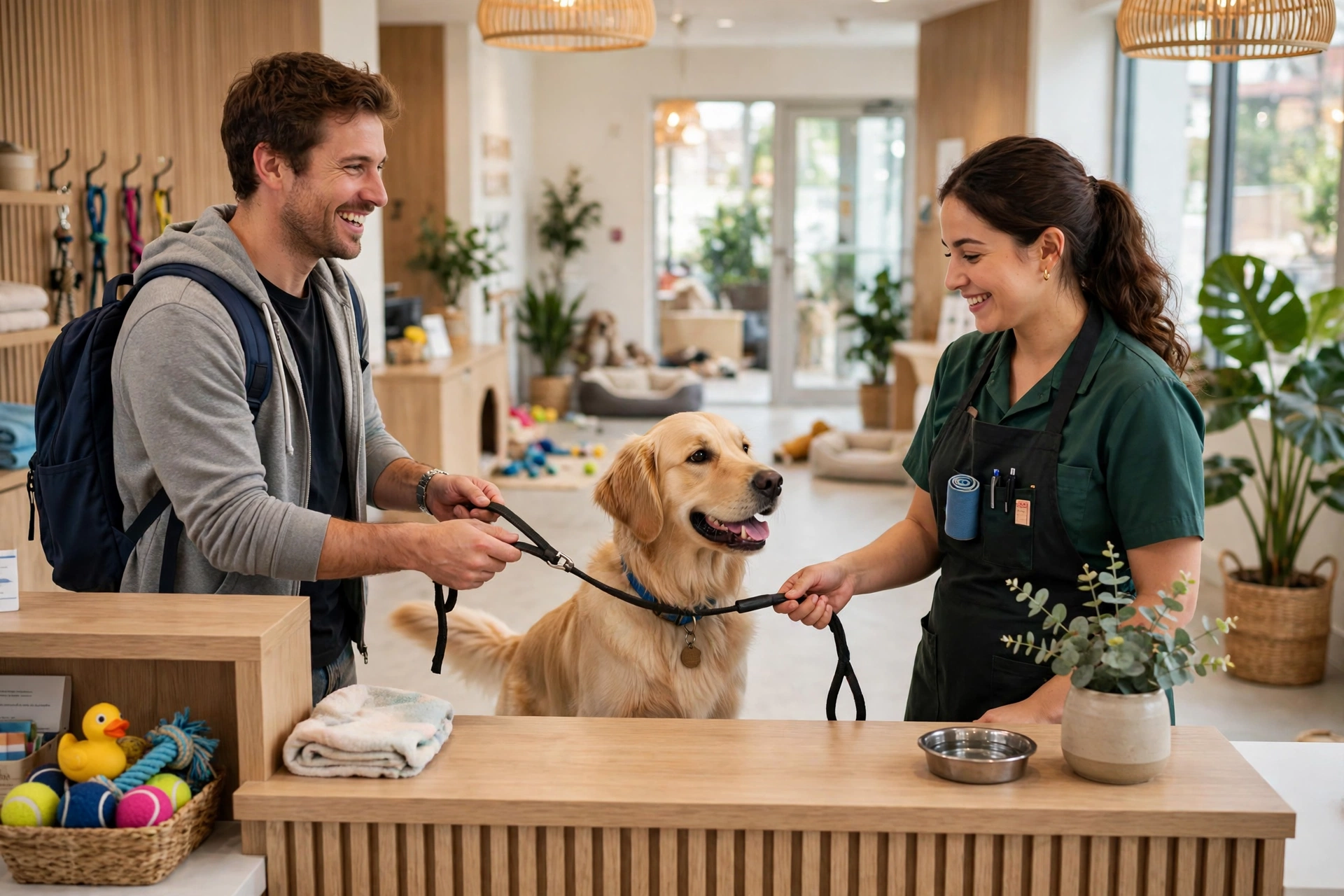 Pet owner handing a leashed golden retriever to a friendly daycare staff member at reception