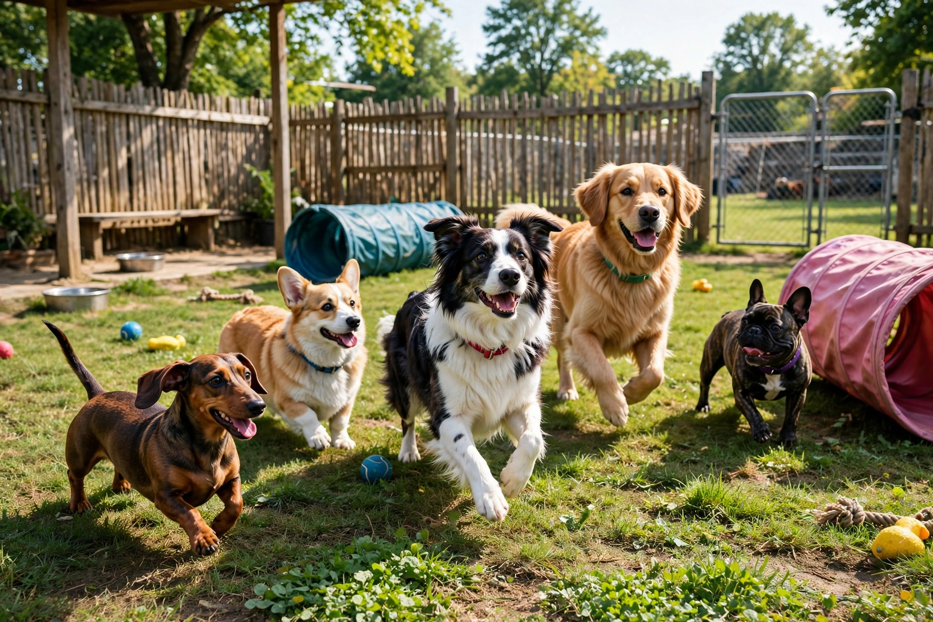 Group of dogs of different sizes playing together in a sunny fenced dog daycare yard