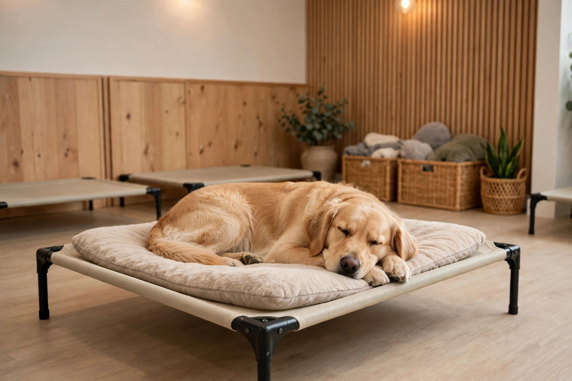 Calm dog resting on a comfortable raised bed in a quiet dog daycare rest area