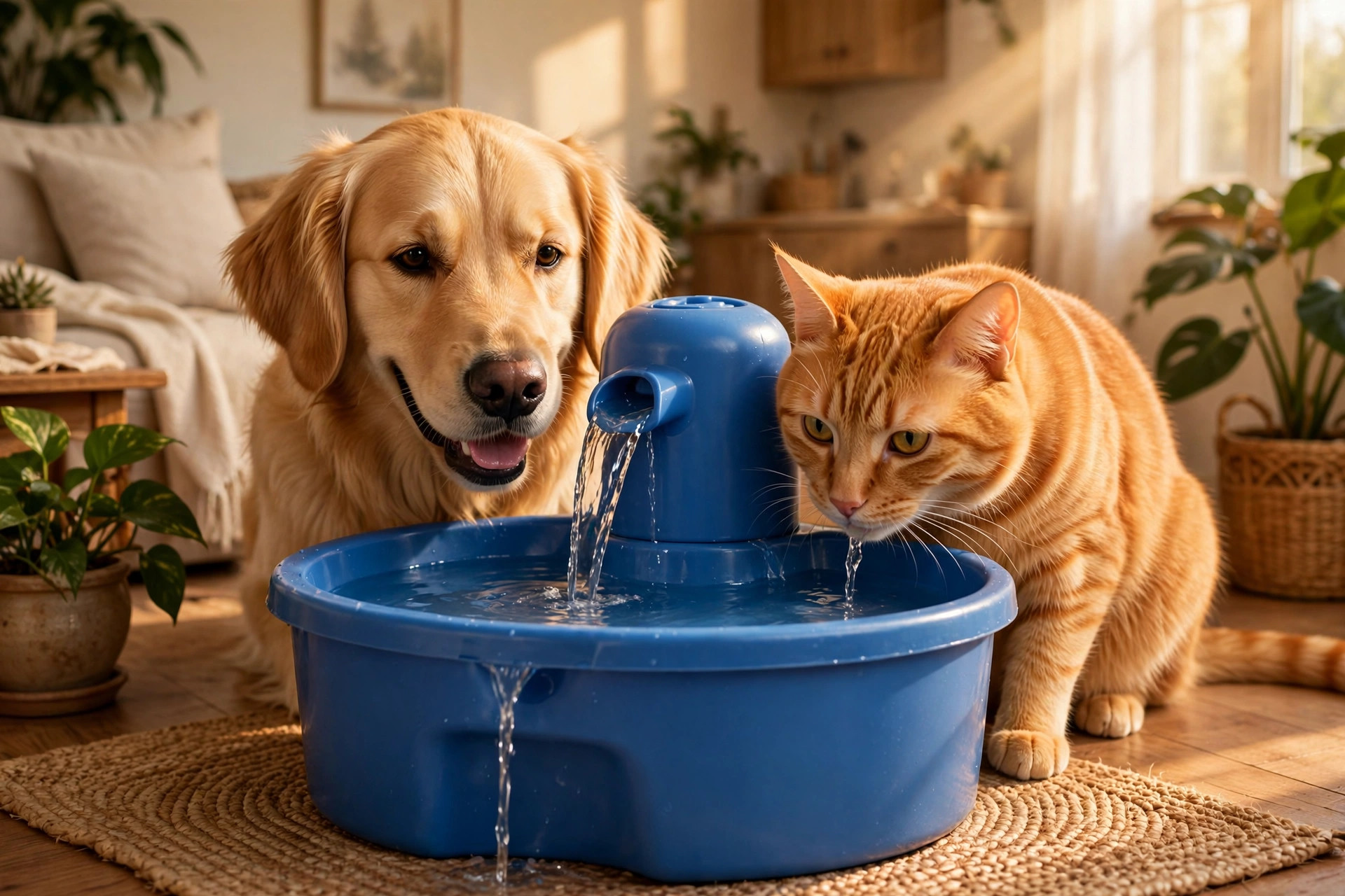 Dog and cat drinking together from a large blue plastic pet water fountain