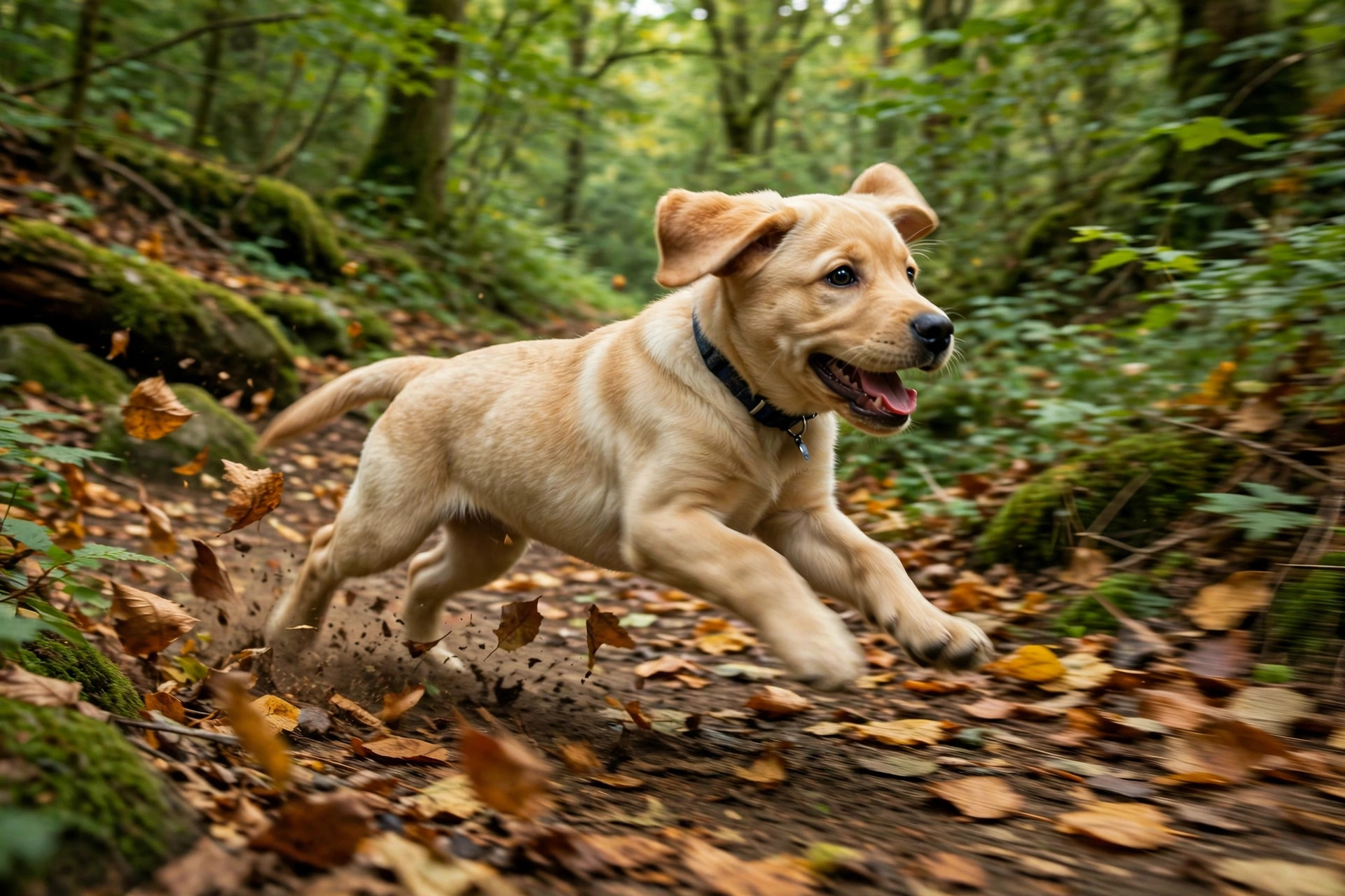 Labrador puppy running happily on a forest path with fallen autumn leaves
