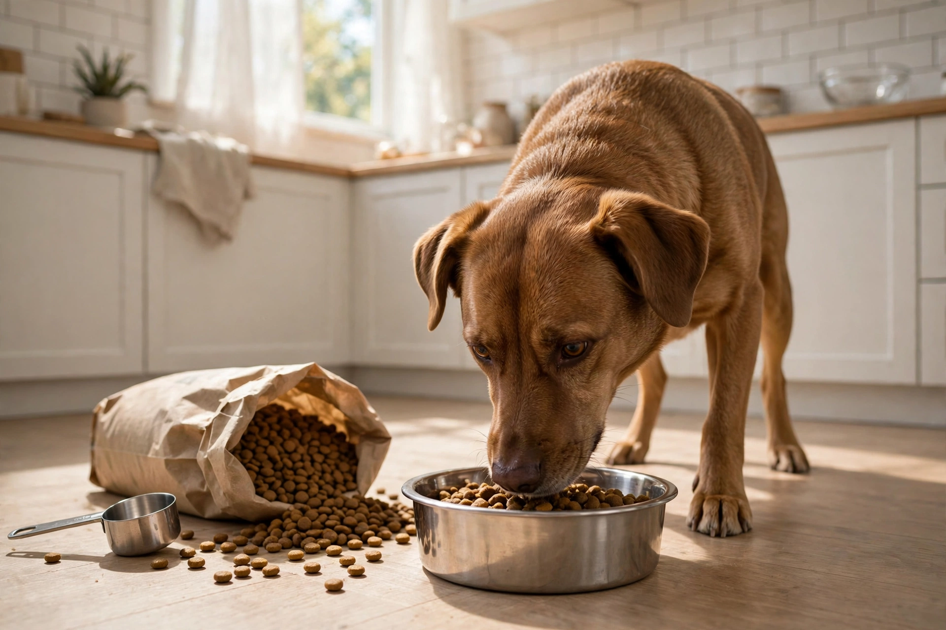 A brown dog eating kibble from a stainless steel bowl in a sunny kitchen
