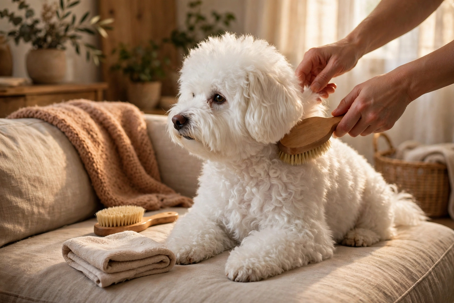 A fluffy white dog being gently brushed on a sofa in a cozy living room