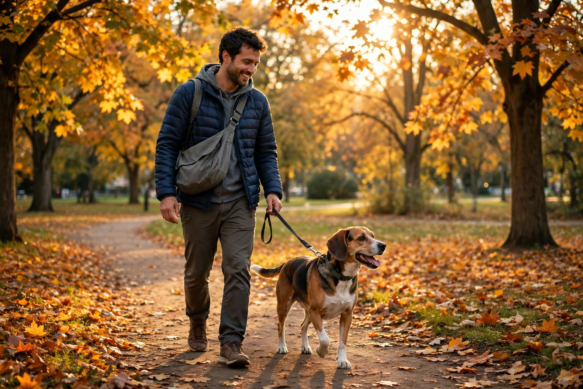 A person walking a medium-sized dog on a leash along a park path with autumn leaves