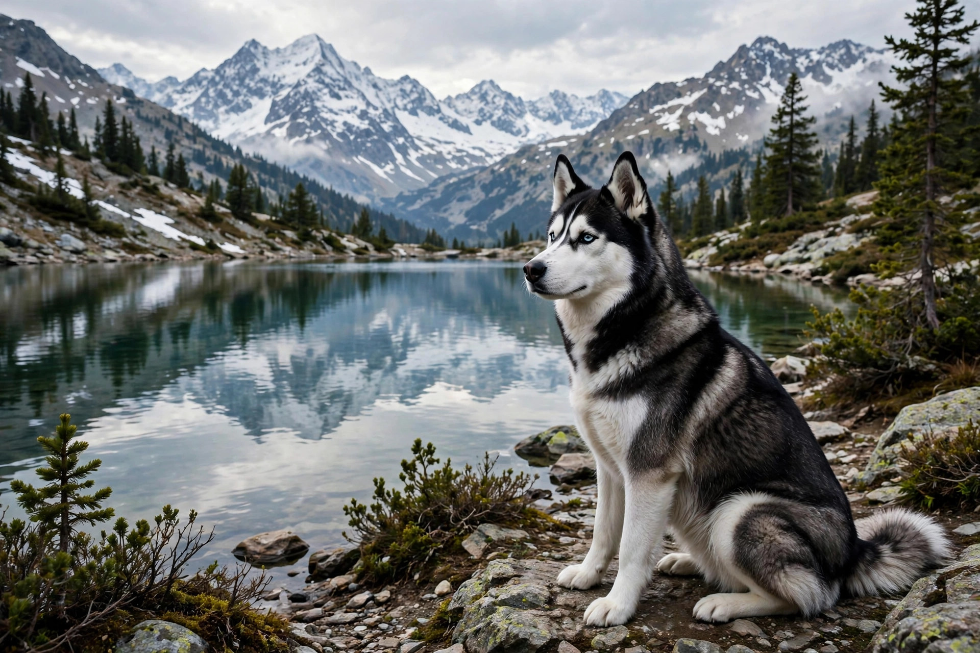 Siberian husky sitting beside a calm alpine mountain lake with snowy peaks