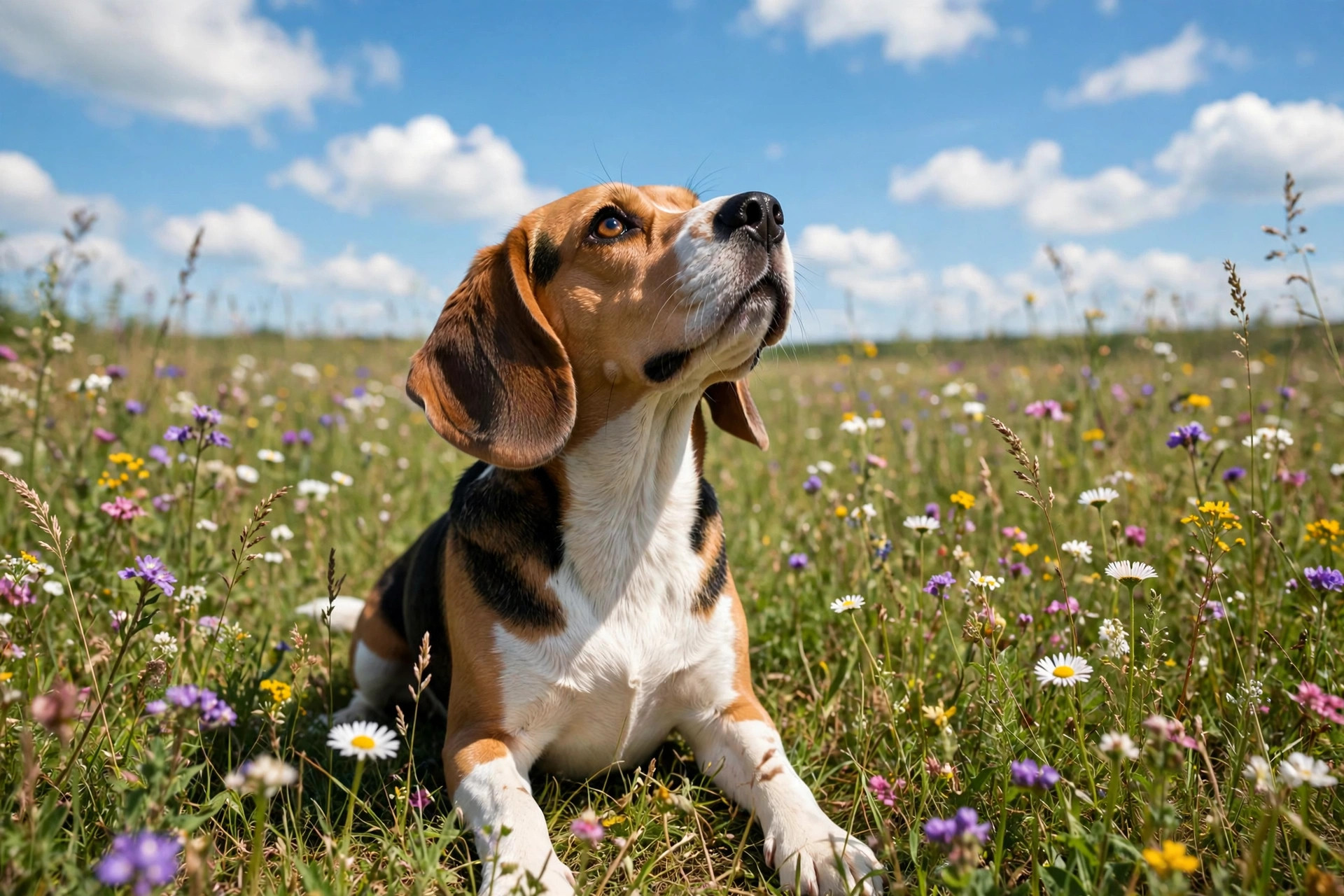 Beagle sitting in a sunny wildflower meadow looking up at a bright blue sky