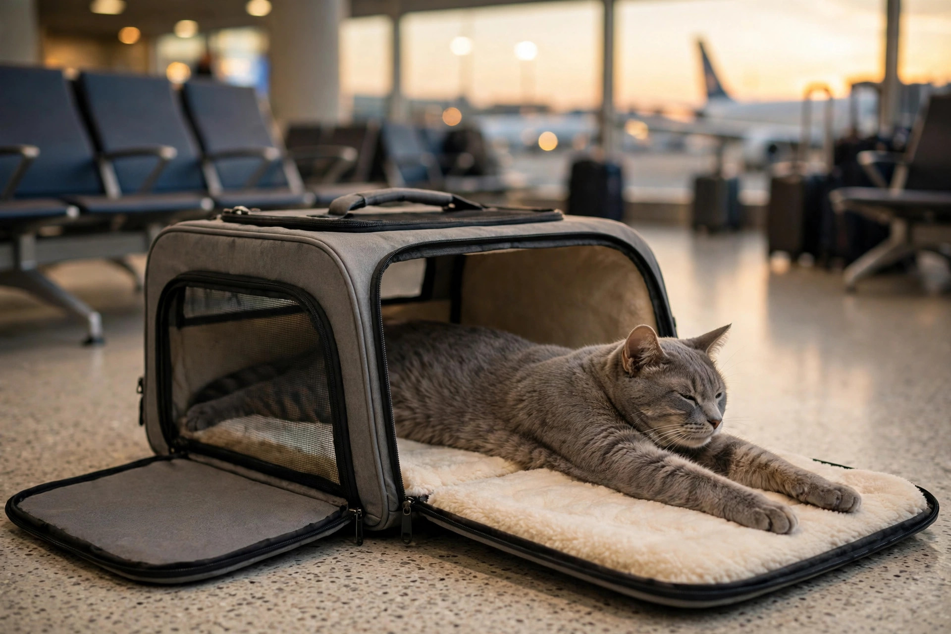 Expandable cat carrier unzipped open with a relaxed cat stretching inside at an airport gate