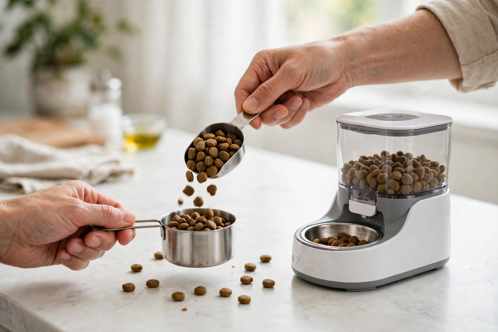 Hands measuring dry kibble into a cup beside a compact automatic pet feeder