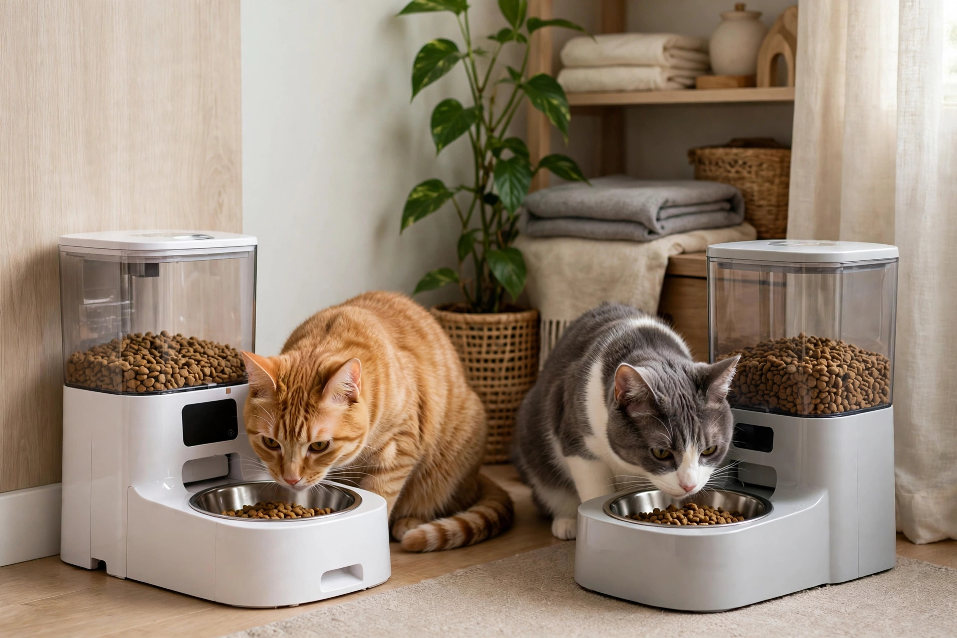 Two cats eating from two separate automatic pet feeders in a tidy living room