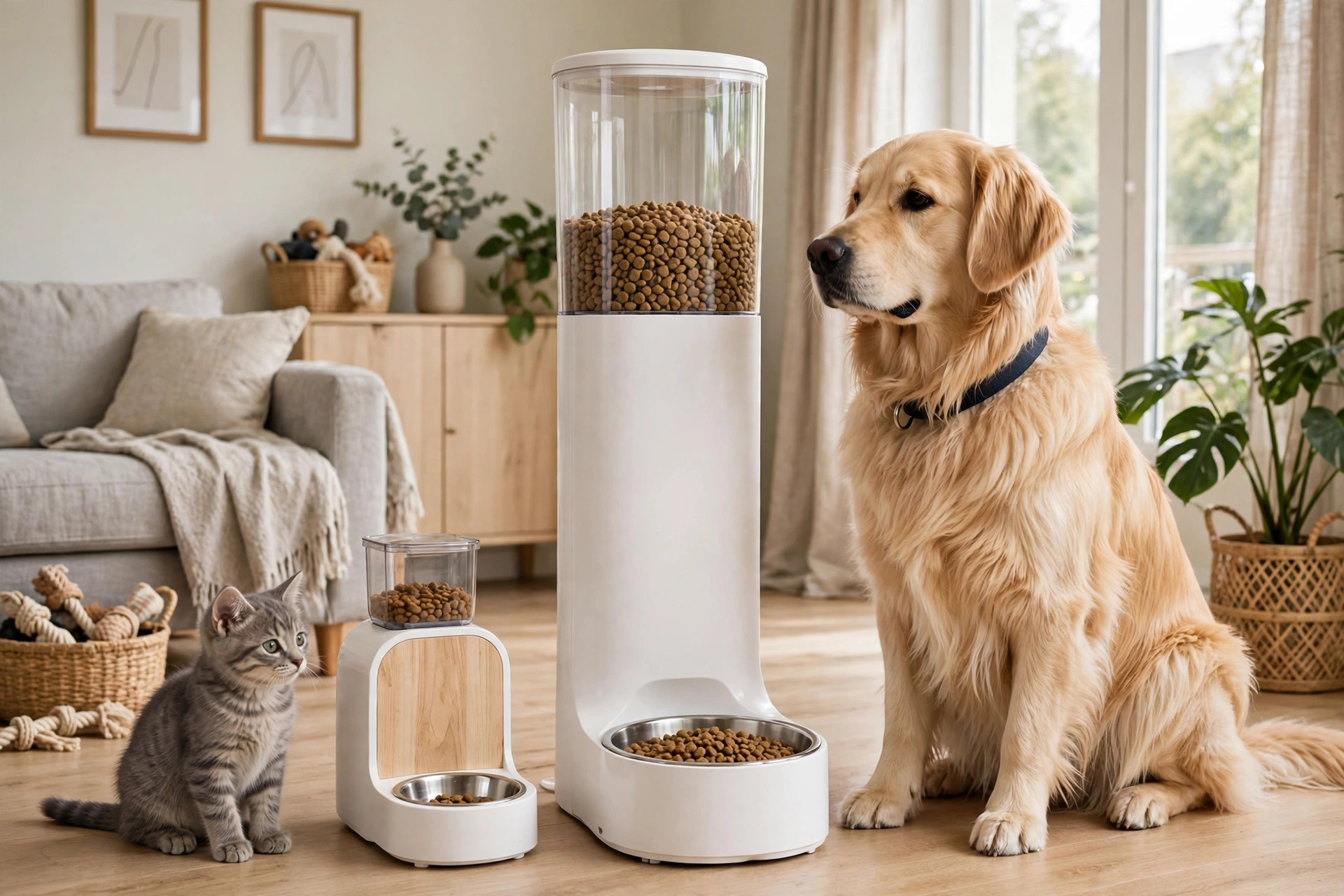 A small cat beside a compact feeder and a large dog beside a tall large-capacity feeder showing the size difference