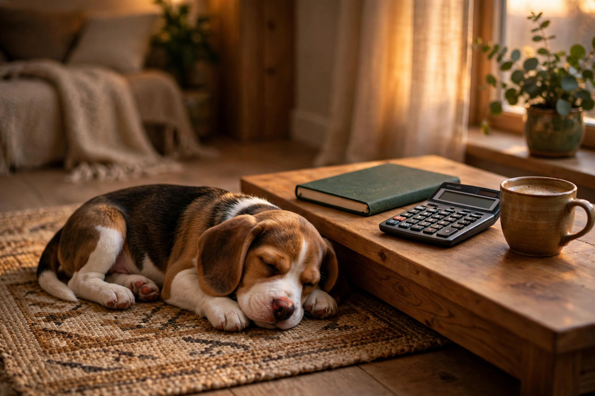 Beagle puppy sleeping on a rug beside a notebook and calculator on a wooden table