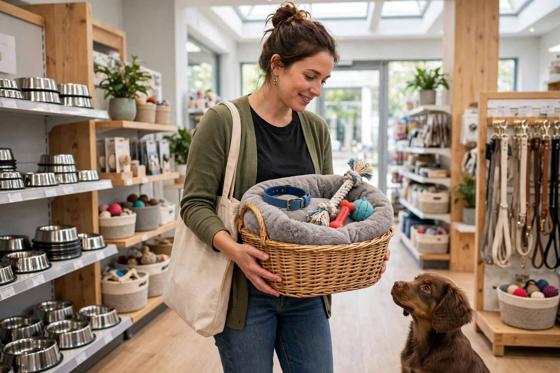 Person shopping for puppy supplies with a basket of dog bed, collar and toys