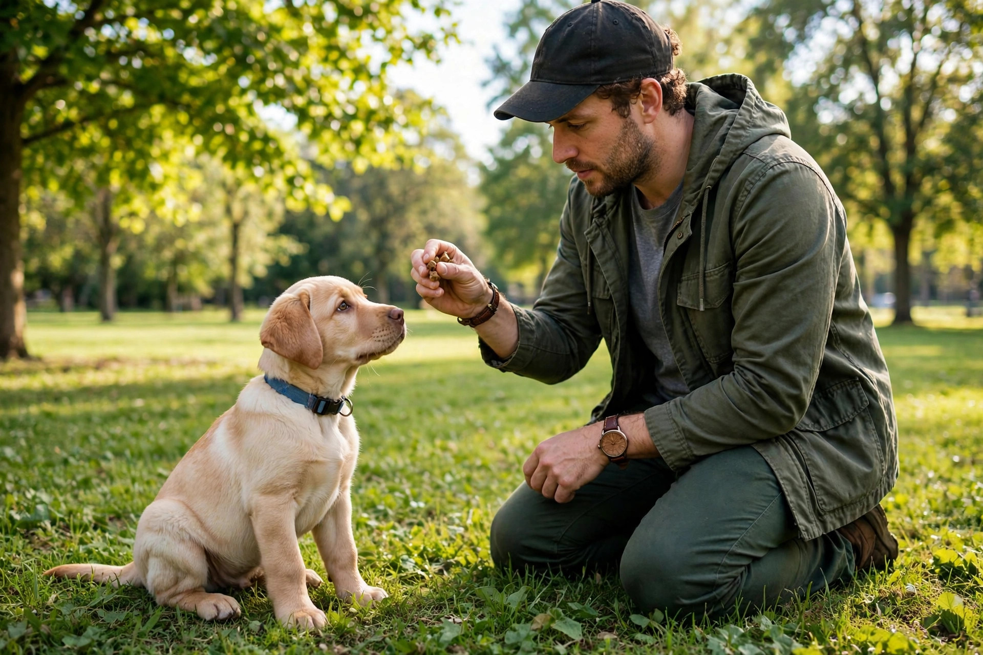 Trainer teaching a young Labrador puppy to sit in a sunny park