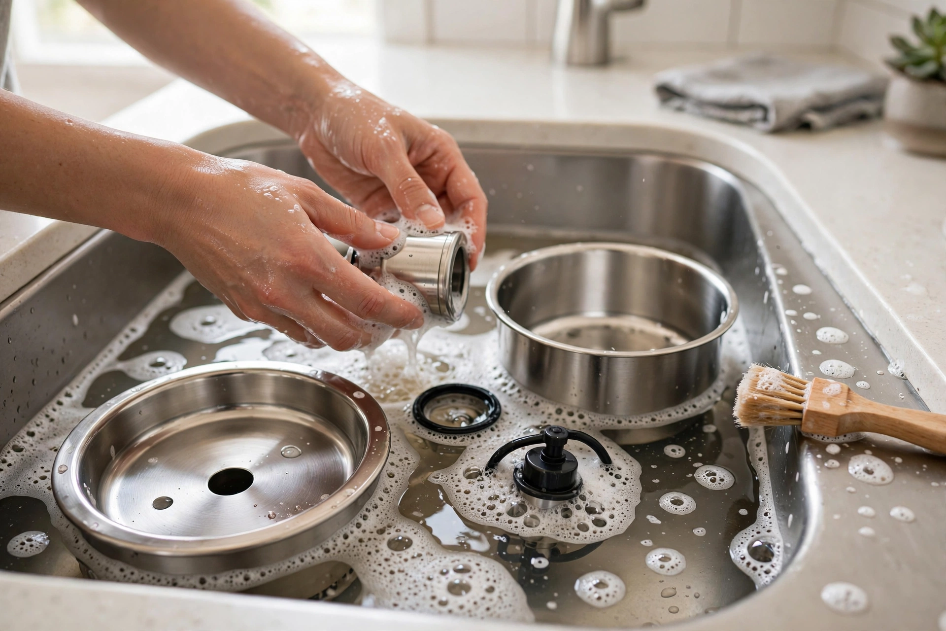 Hands washing the disassembled parts of a stainless steel pet water fountain in a kitchen sink