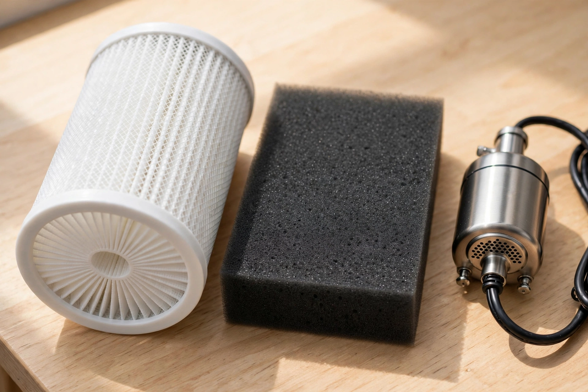 A new carbon filter and foam filter for a pet water fountain beside a small pump on a wooden table