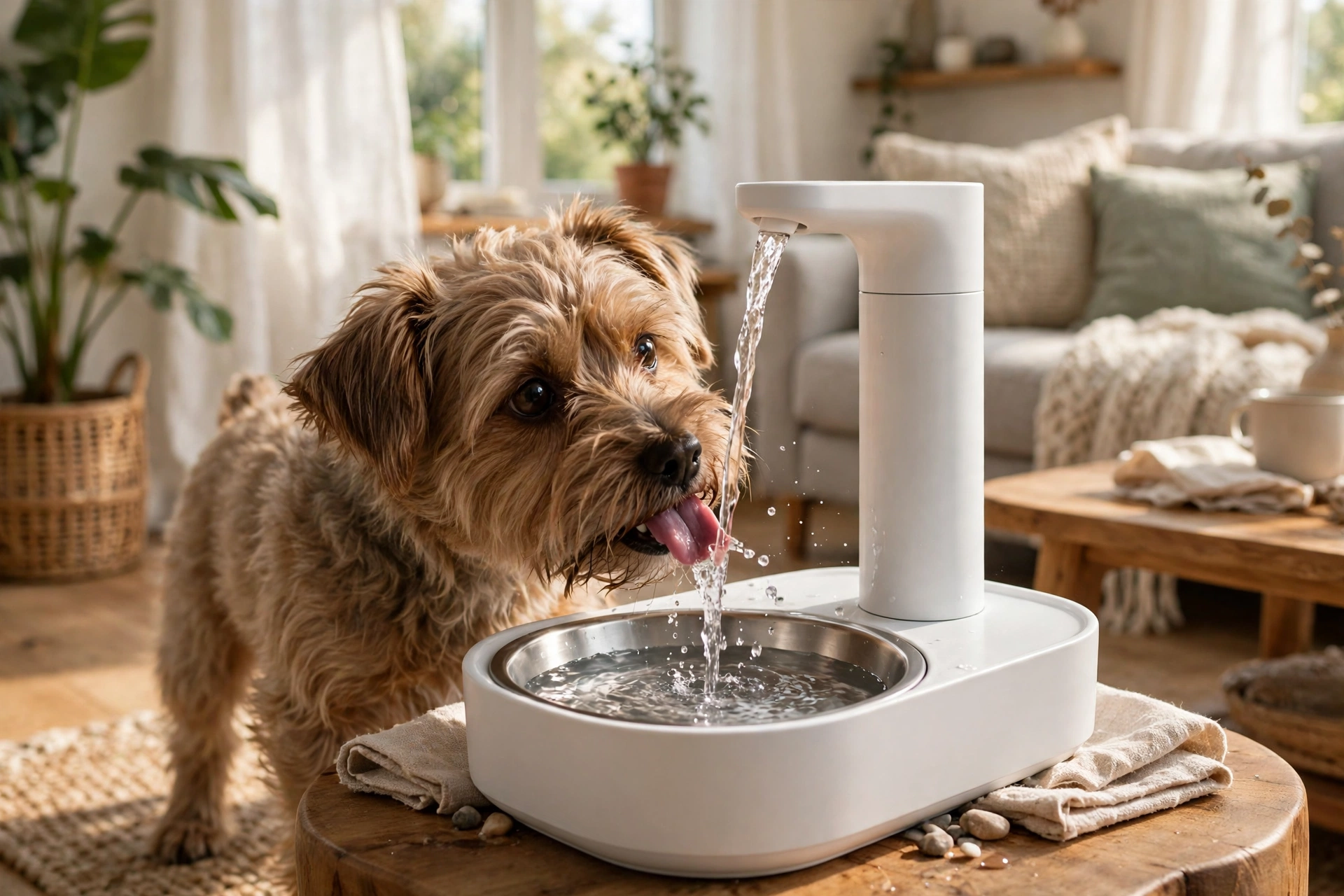 A small dog drinking fresh clear water from a modern pet water fountain in a sunny living room