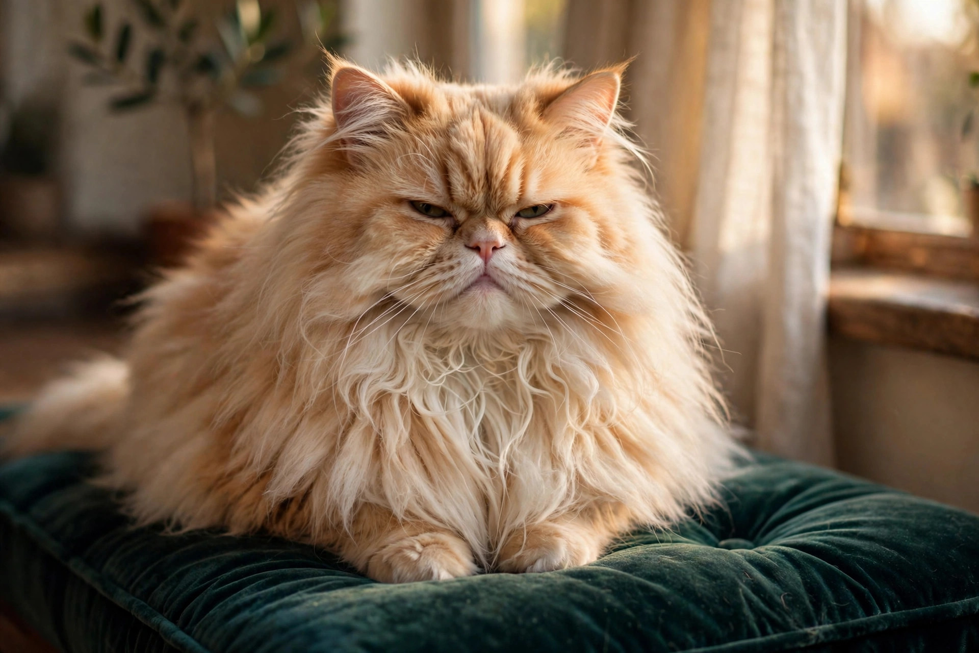 Fluffy long-haired cat with a hilariously unimpressed royal expression on a velvet cushion