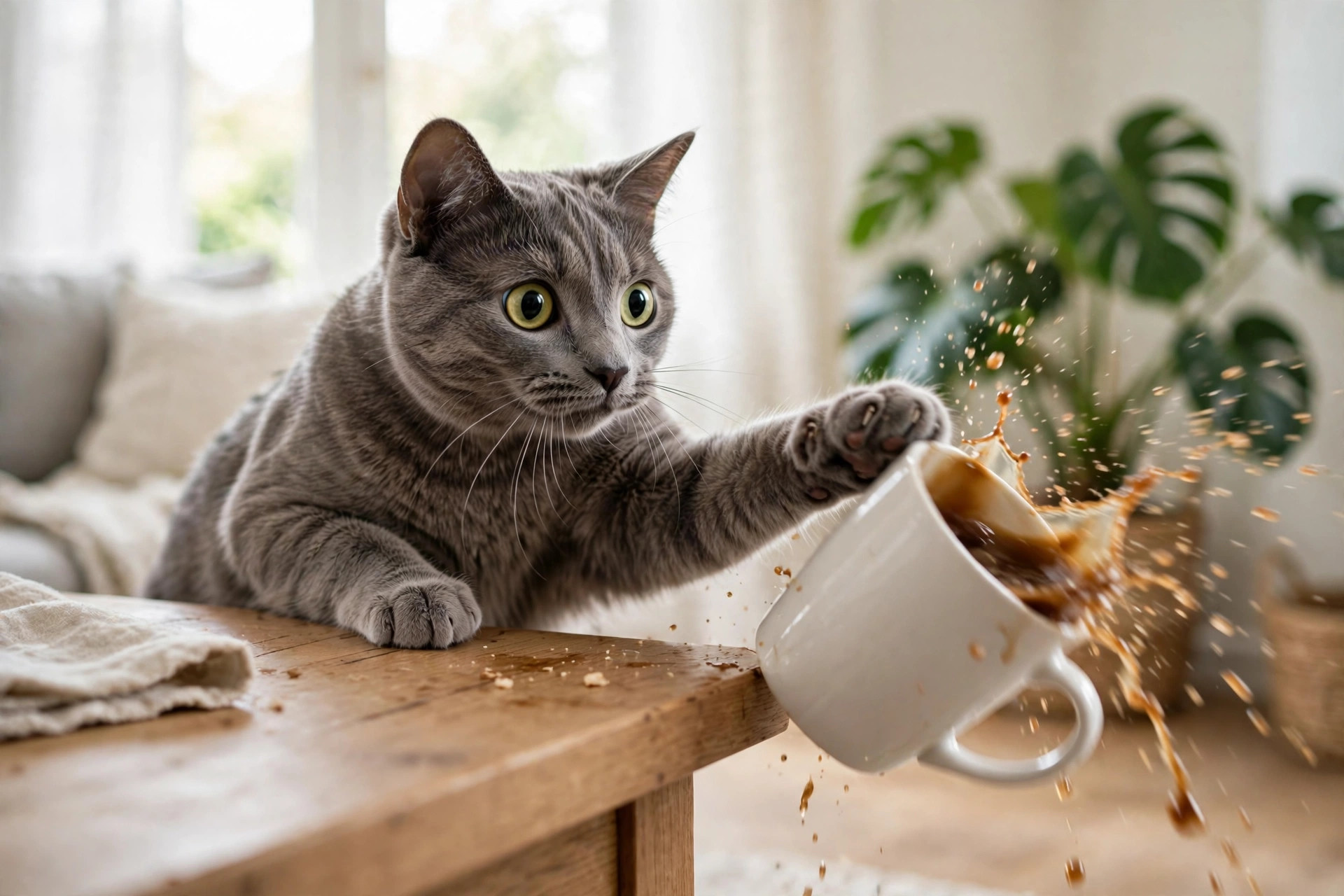 Mischievous gray cat pushing a coffee mug off a table with its paw