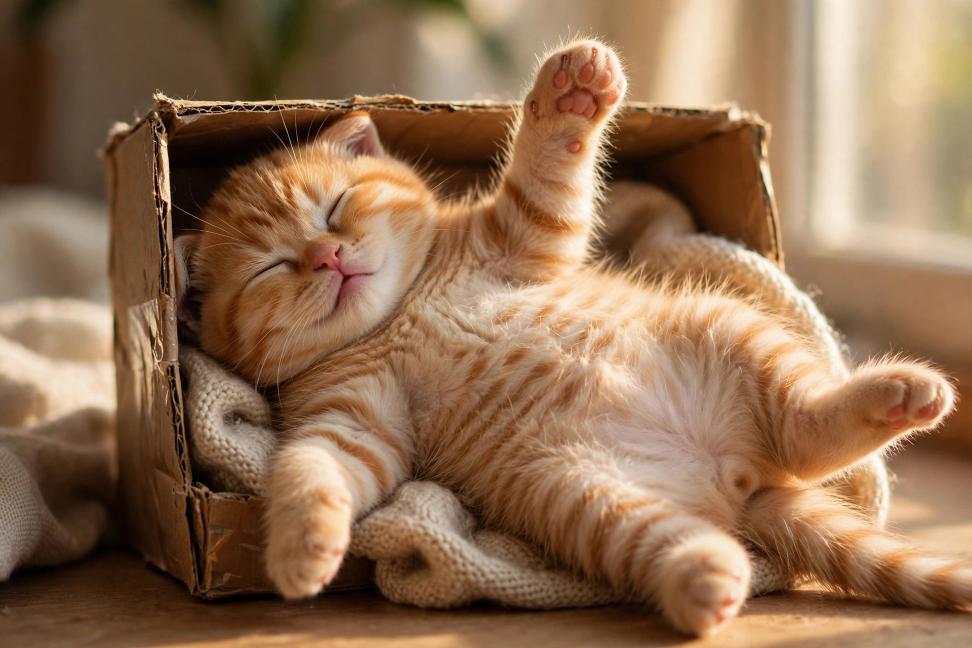 Chubby kitten sleeping upside down in a funny sprawled pose inside a cardboard box