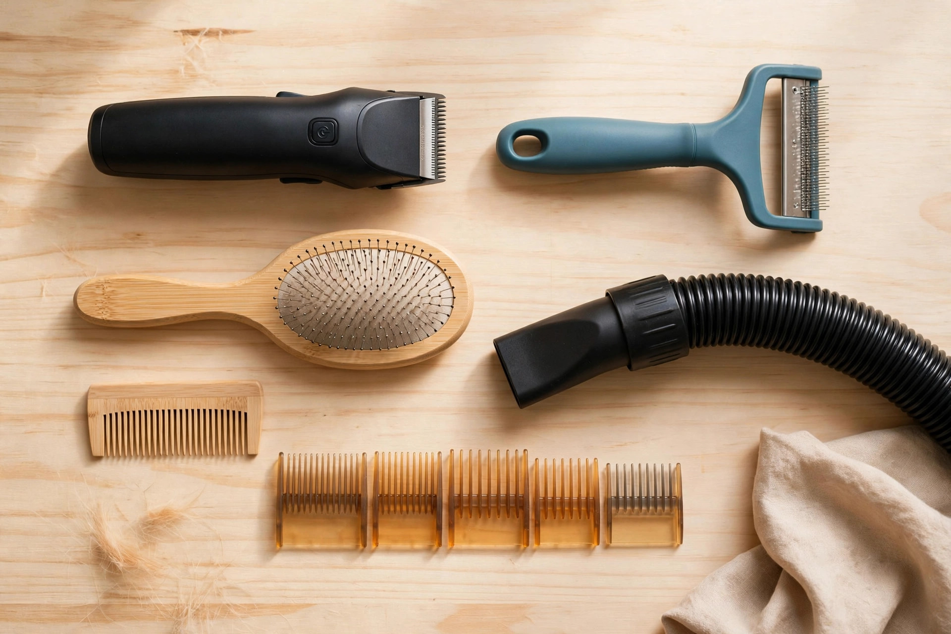 Pet grooming tools arranged on a wooden table — clippers, brushes and vacuum hose attachment