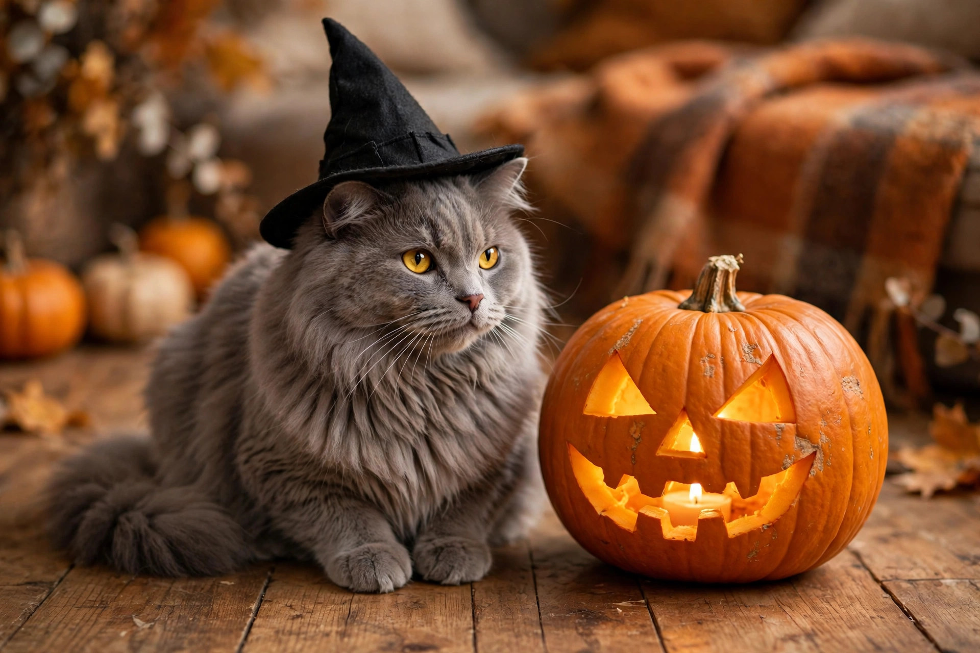 Fluffy grey cat wearing a small black witch hat next to a carved jack-o-lantern pumpkin