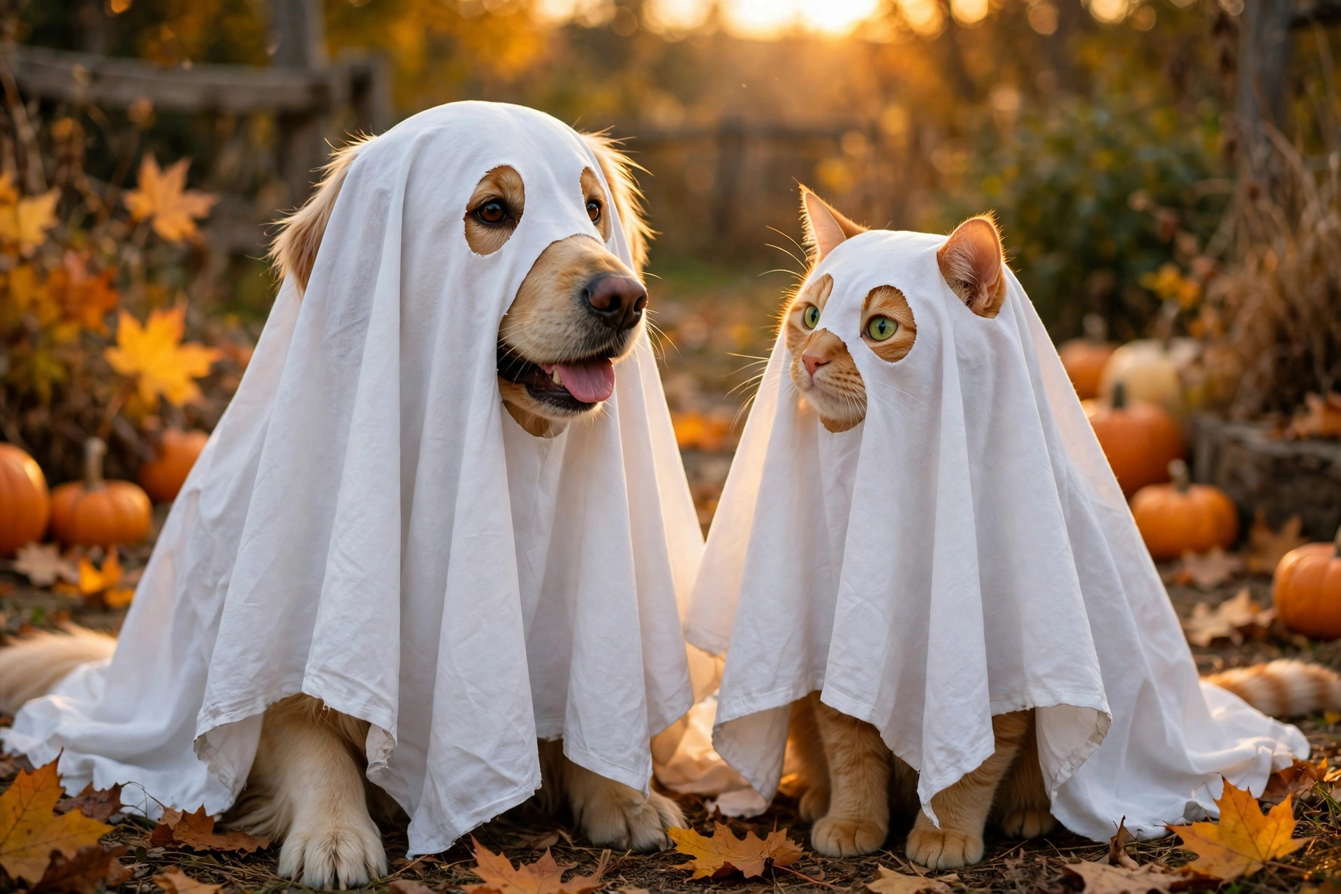 Dog and cat sitting together in matching white ghost Halloween costumes among autumn leaves and pumpkins