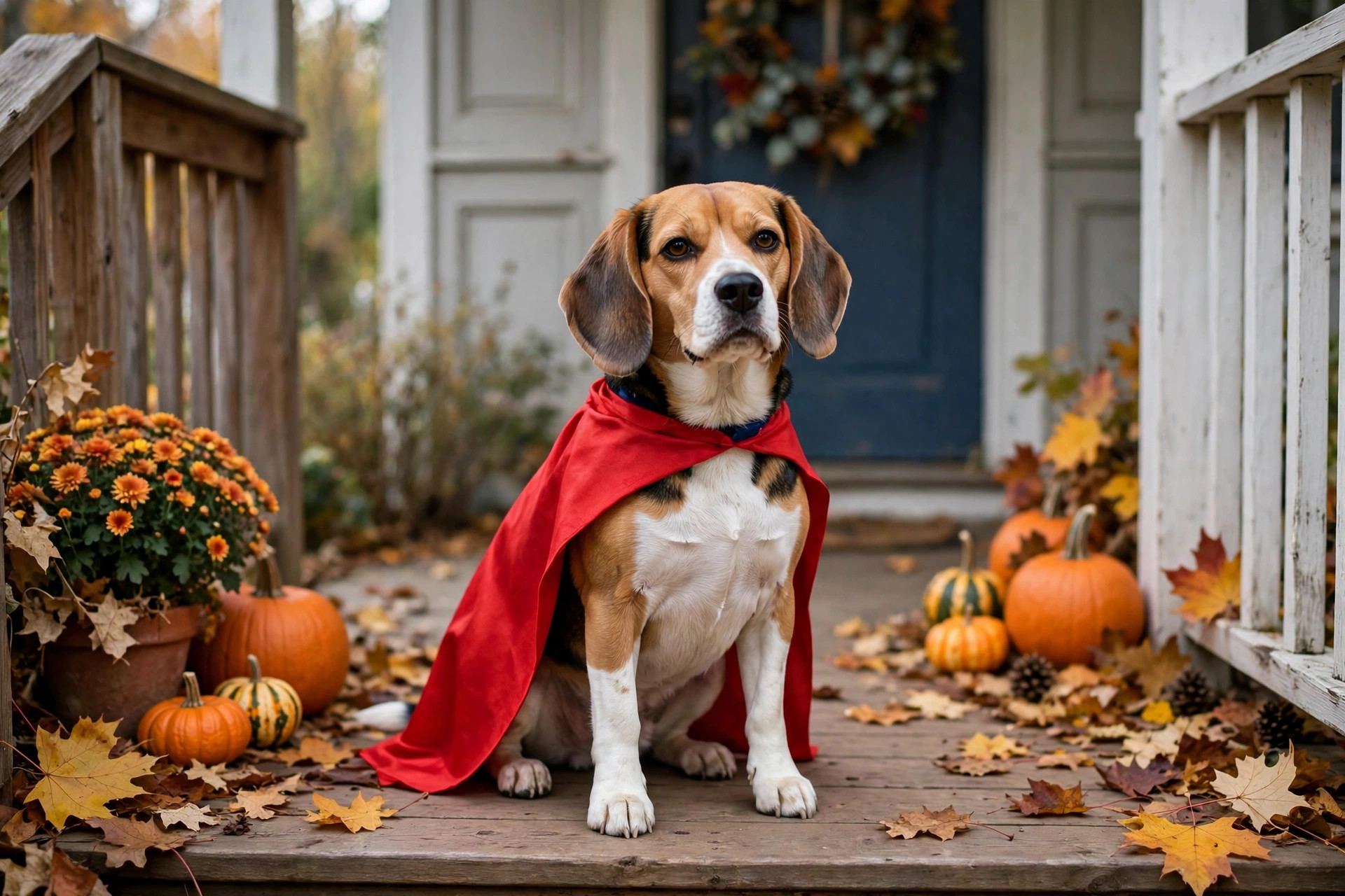 Small beagle dog wearing a red superhero cape costume on a porch decorated with pumpkins