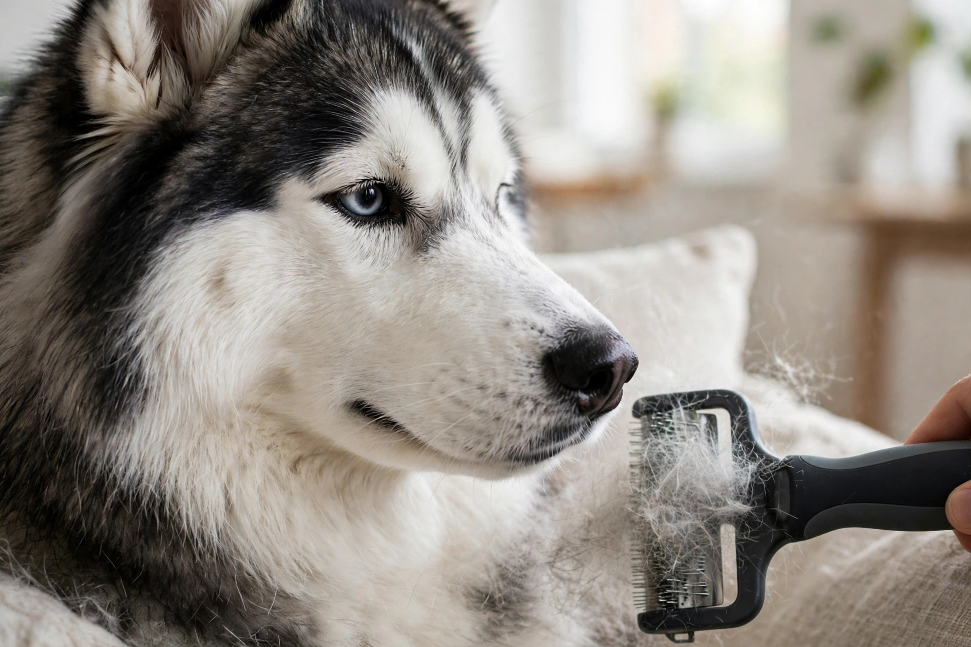 Husky being brushed with a deshedding brush to remove loose undercoat fur
