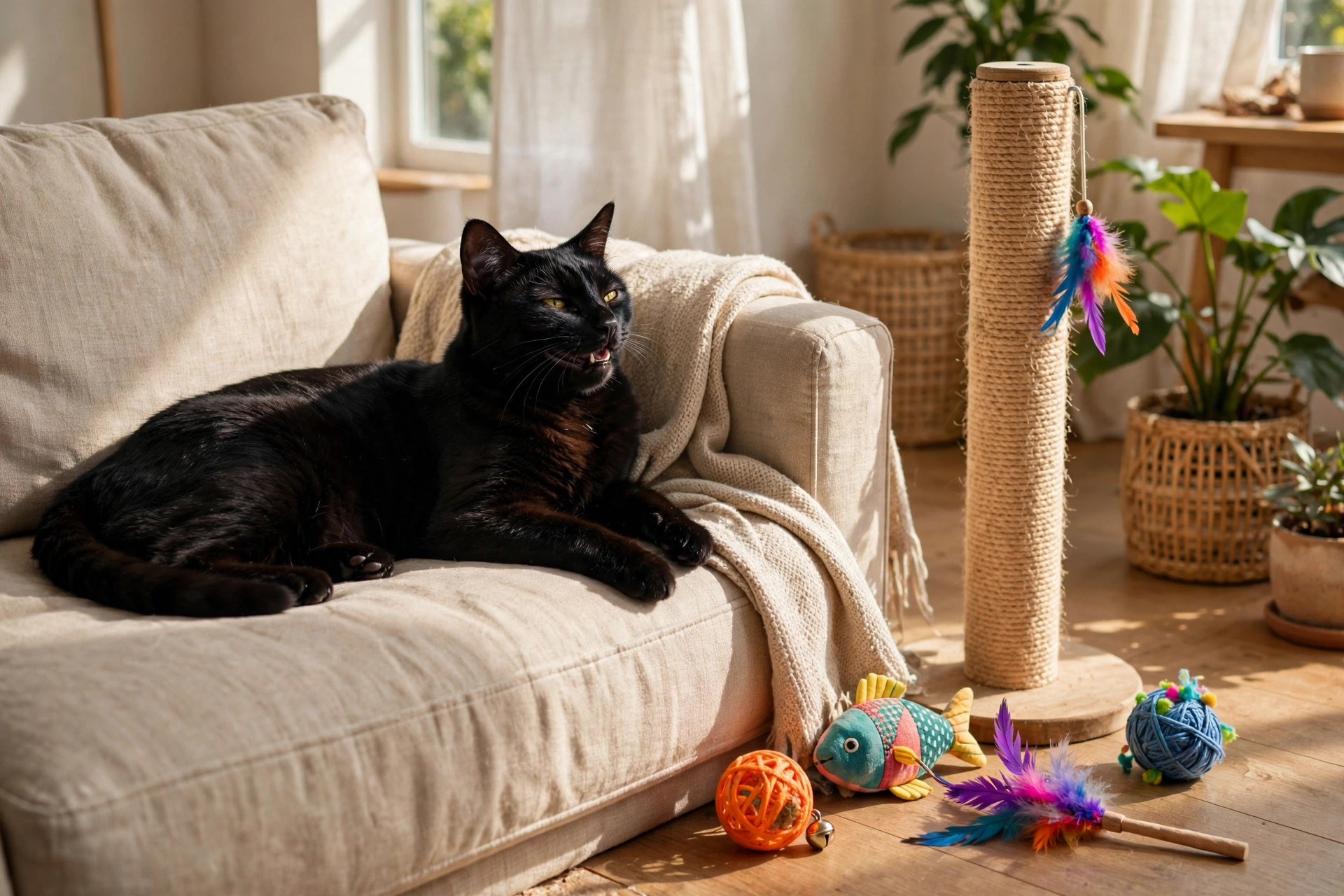 Happy black cat relaxing on a couch surrounded by colorful cat toys and a scratching post