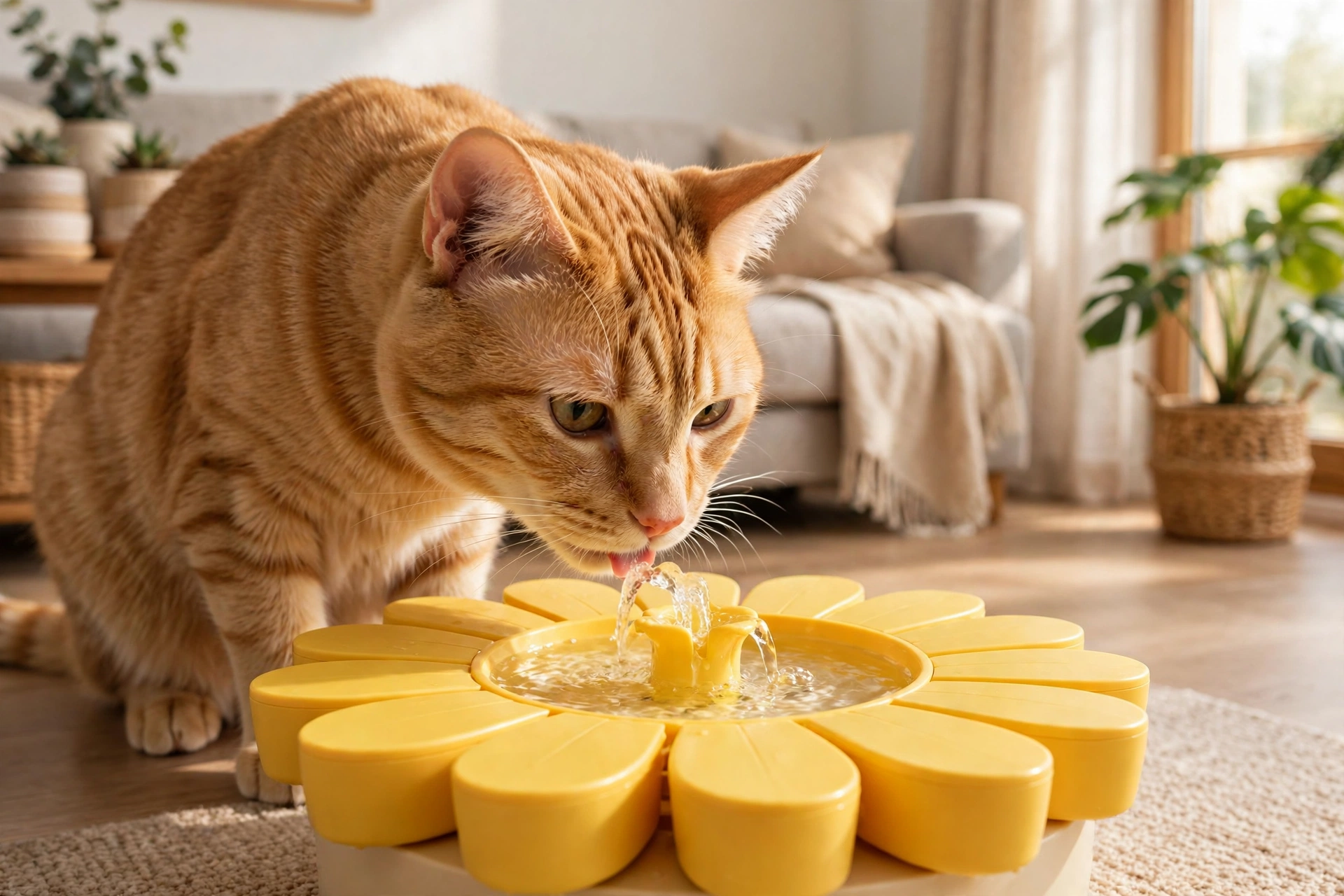 Ginger cat drinking from a yellow flower-shaped pet water fountain
