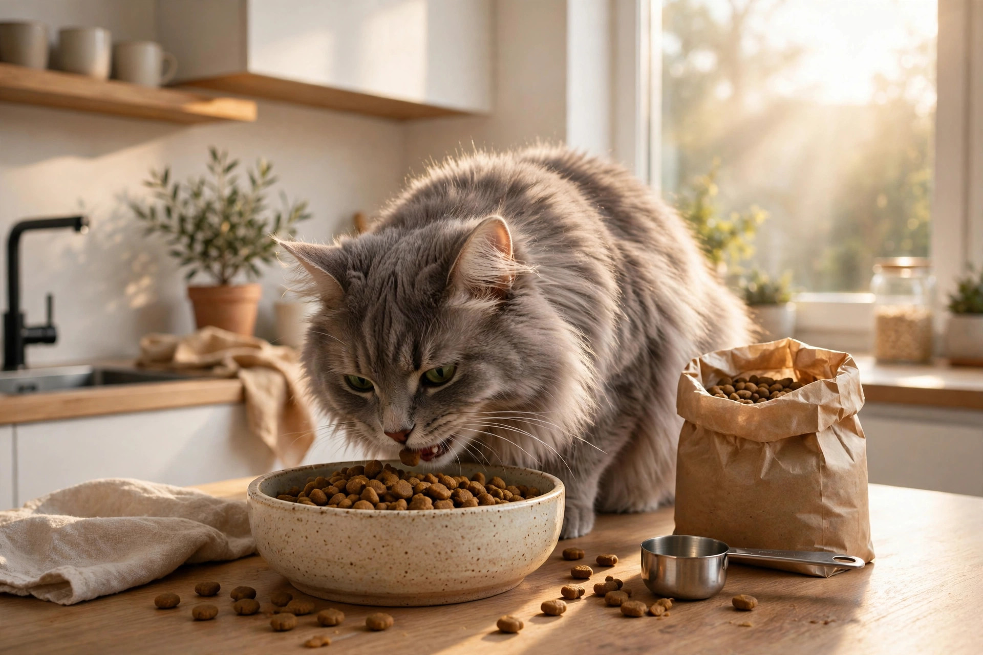 Grey cat eating premium cat food from a ceramic bowl in a bright modern kitchen