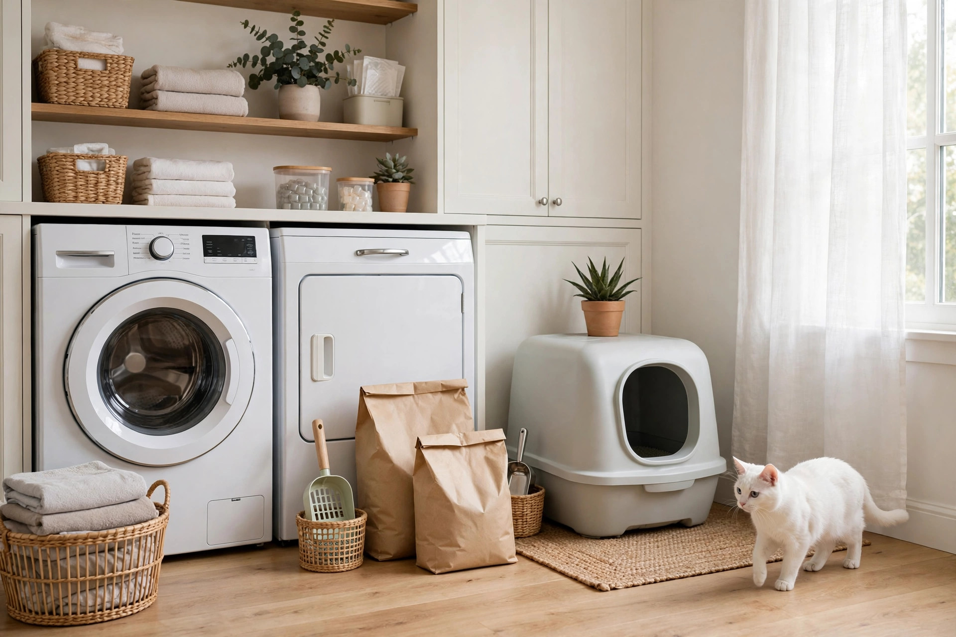 Clean cat litter box area with litter bags and scoop neatly arranged, white cat walking nearby