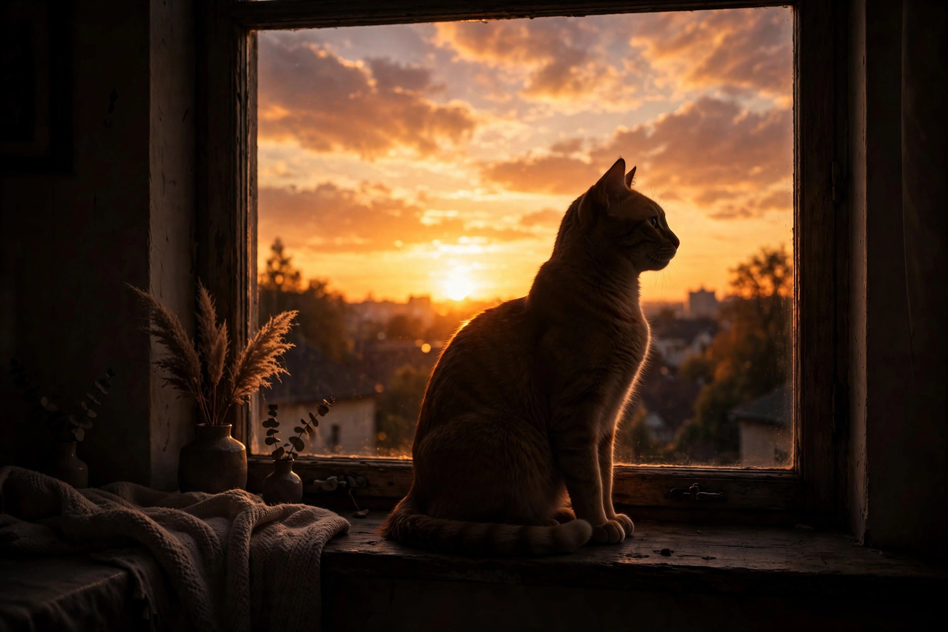 Orange tabby cat sitting on a windowsill at sunset looking out the window