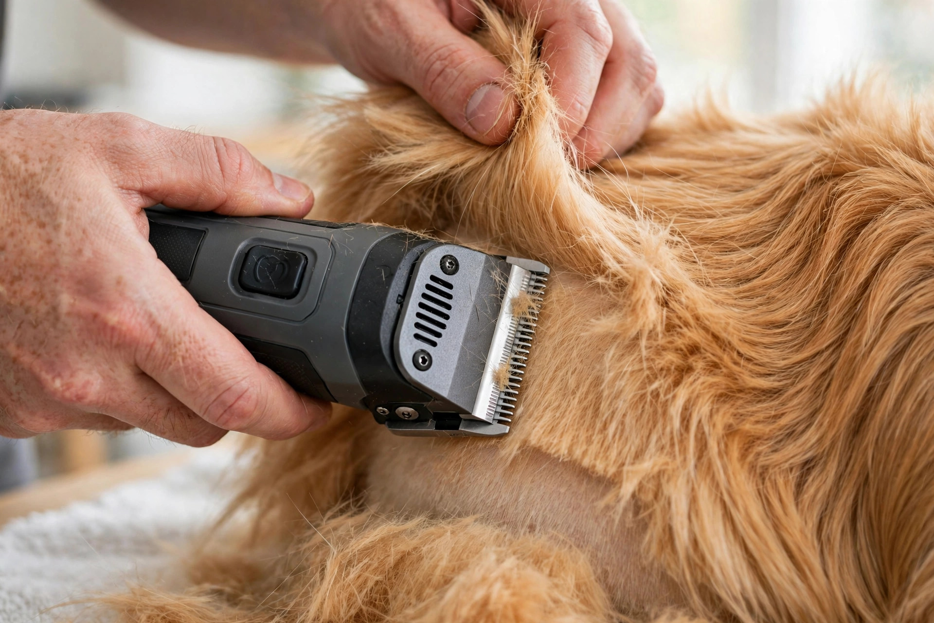 Cordless clippers trimming the thick double coat of a golden retriever