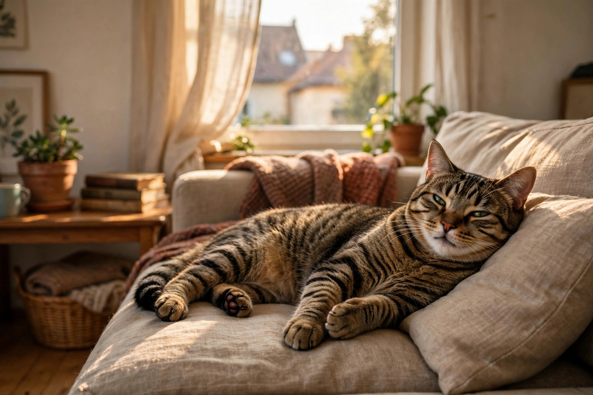A tabby domestic shorthair cat lounging on a couch — the cheapest cat to own