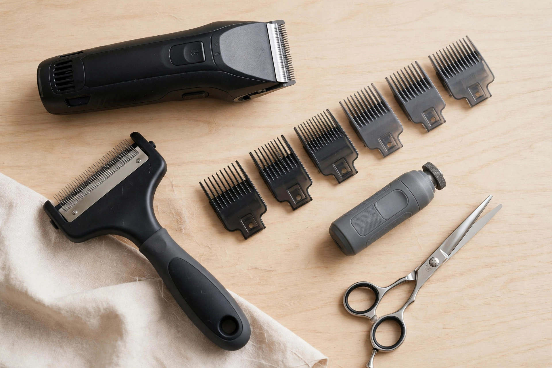 Professional grooming tools for thick coats — clippers, deshedding brush, guide combs and nail grinder