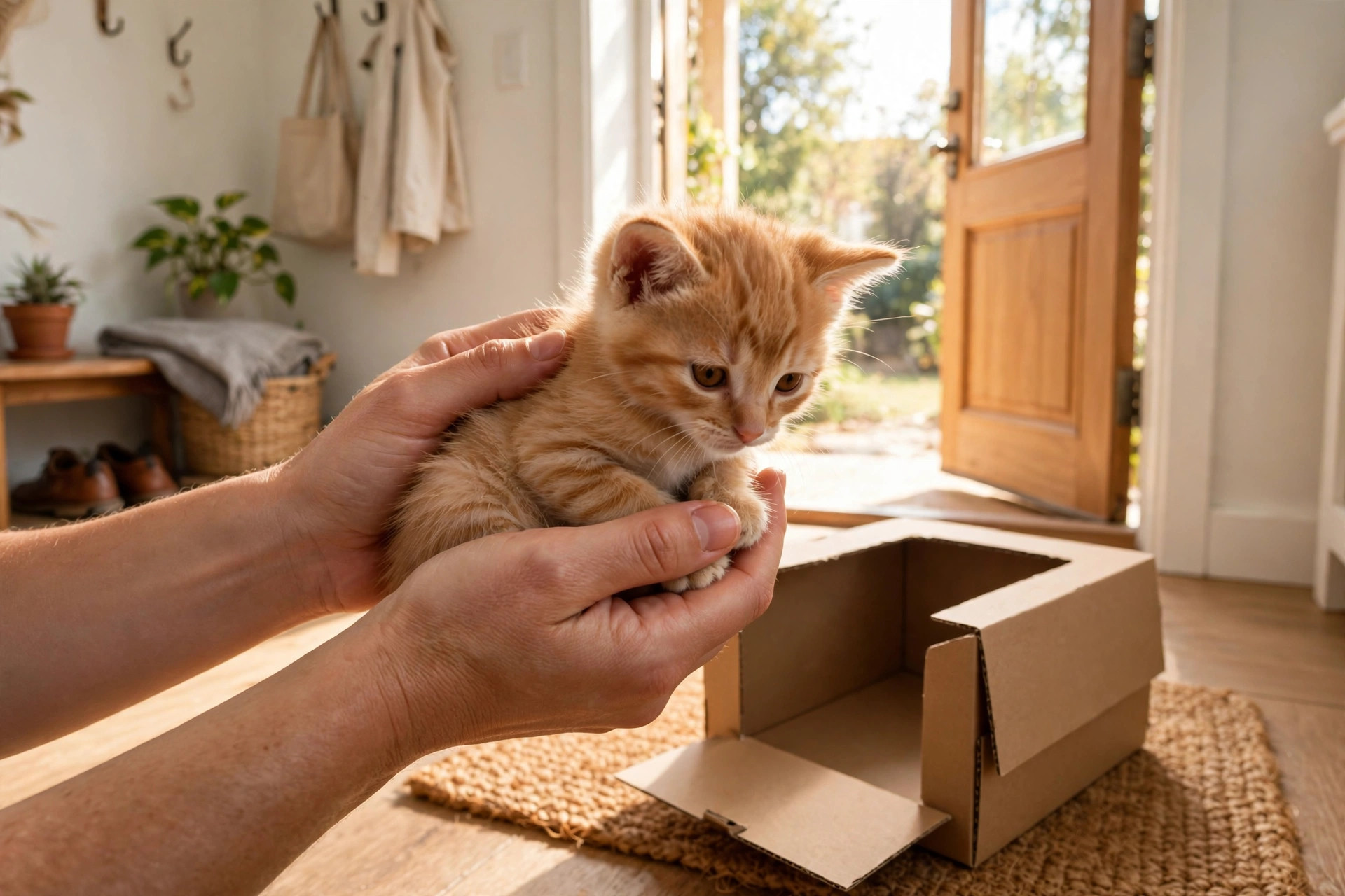 Hands holding a rescued kitten beside a cardboard carrier — adopting is the cheapest way to get a cat