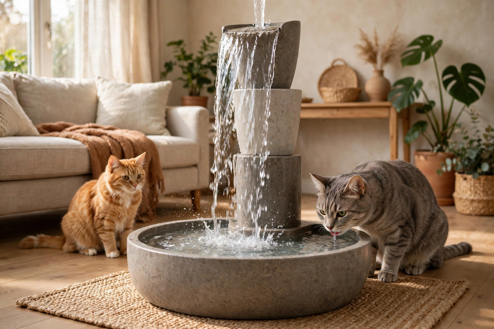 Large pet water fountain with a tall water stream in a bright living room with two cats