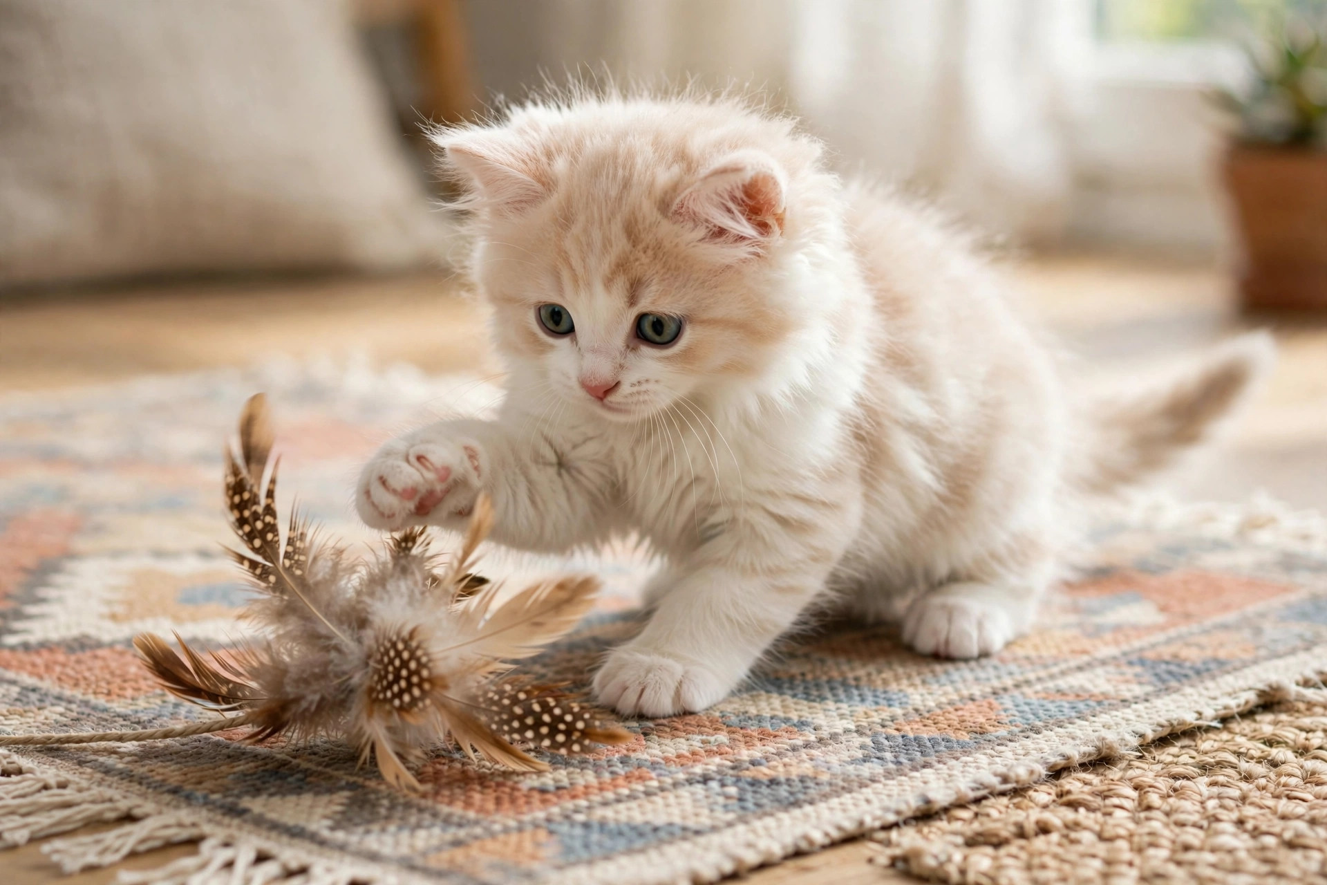 Playful cream-and-white kitten batting at a feather toy on a rug