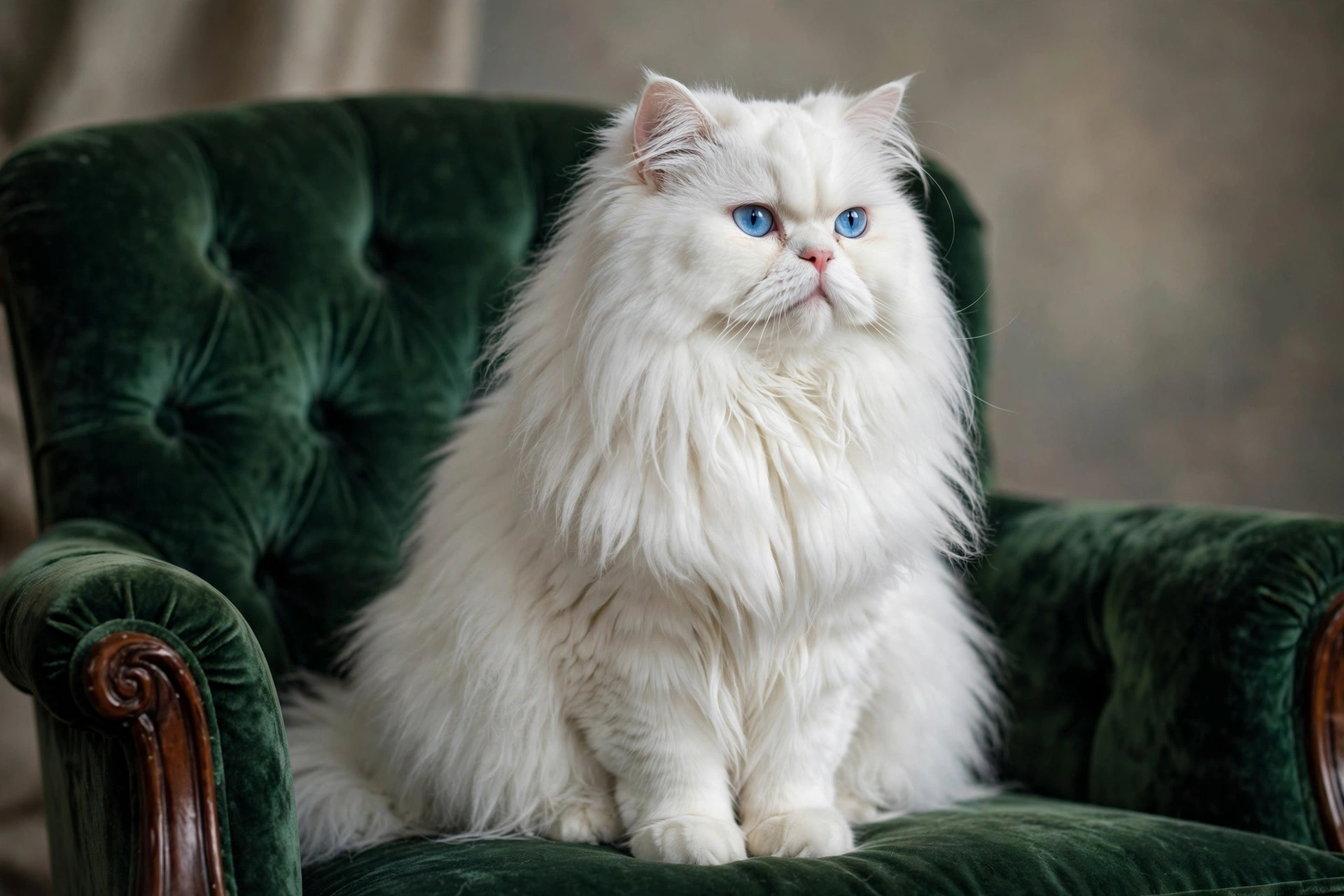 Regal long-haired white Persian cat with blue eyes sitting on a velvet armchair