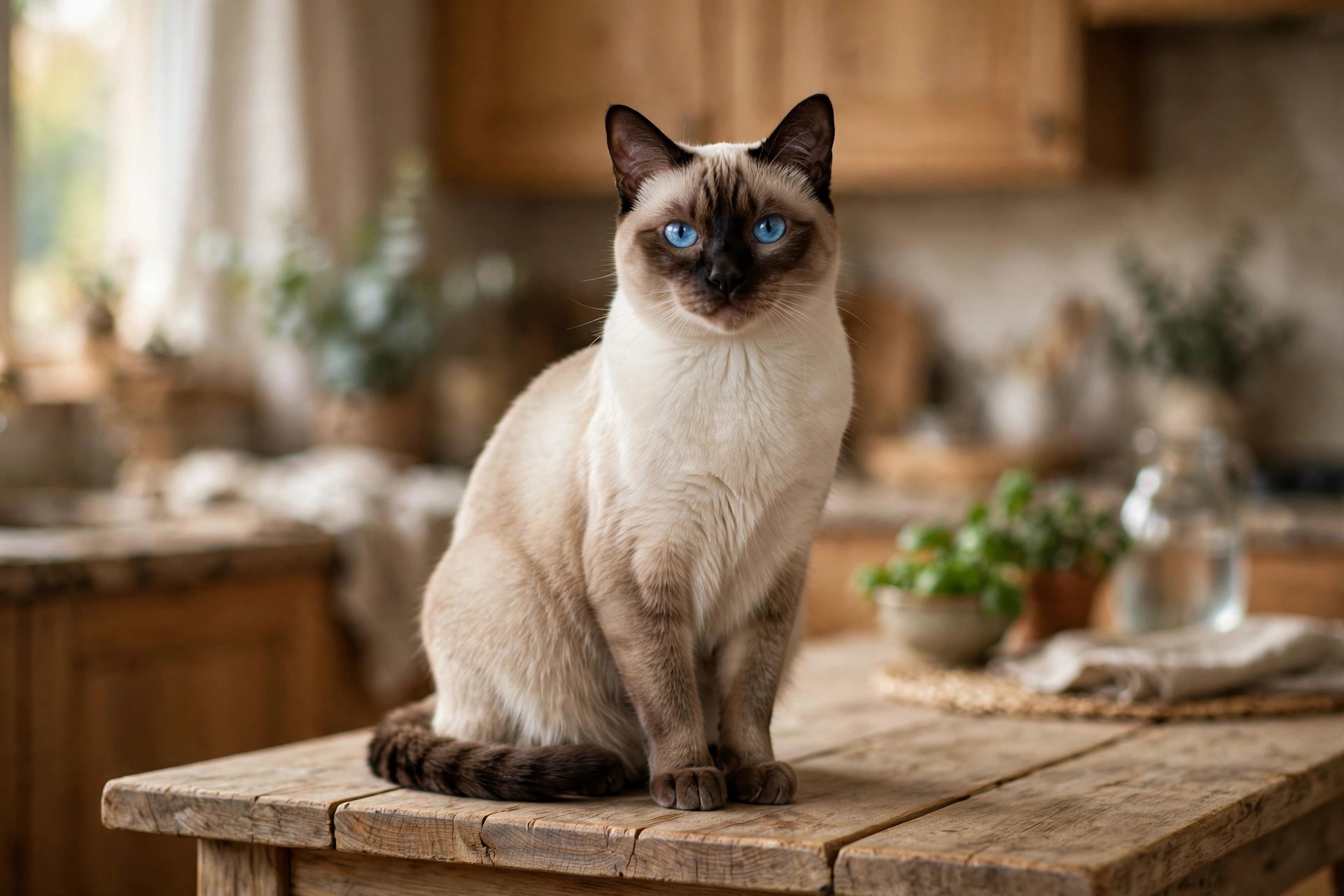 A Siamese cat with blue eyes in a home kitchen — an affordable, low-grooming purebred
