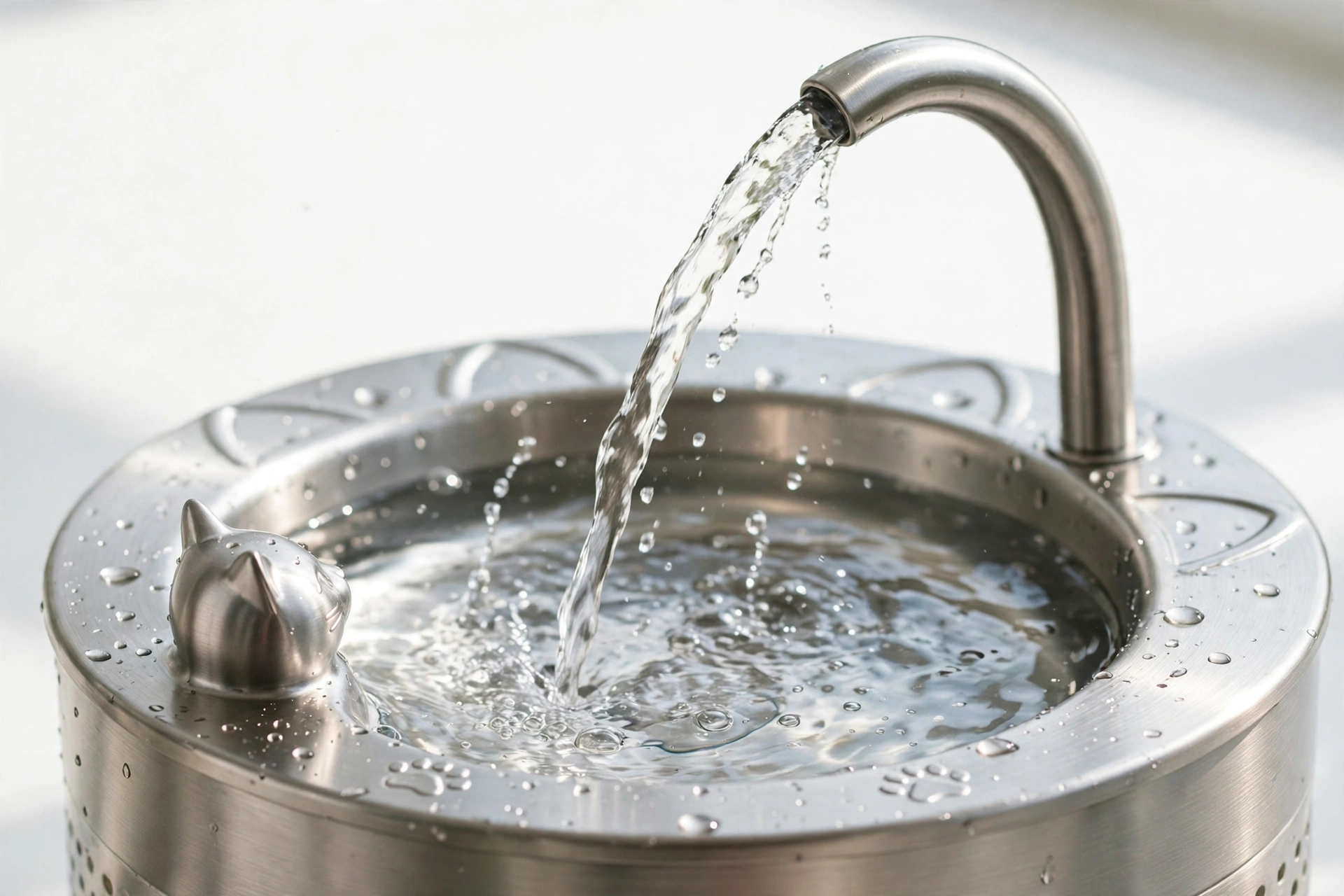 Stainless steel pet water fountain with a clear arcing stream of filtered water