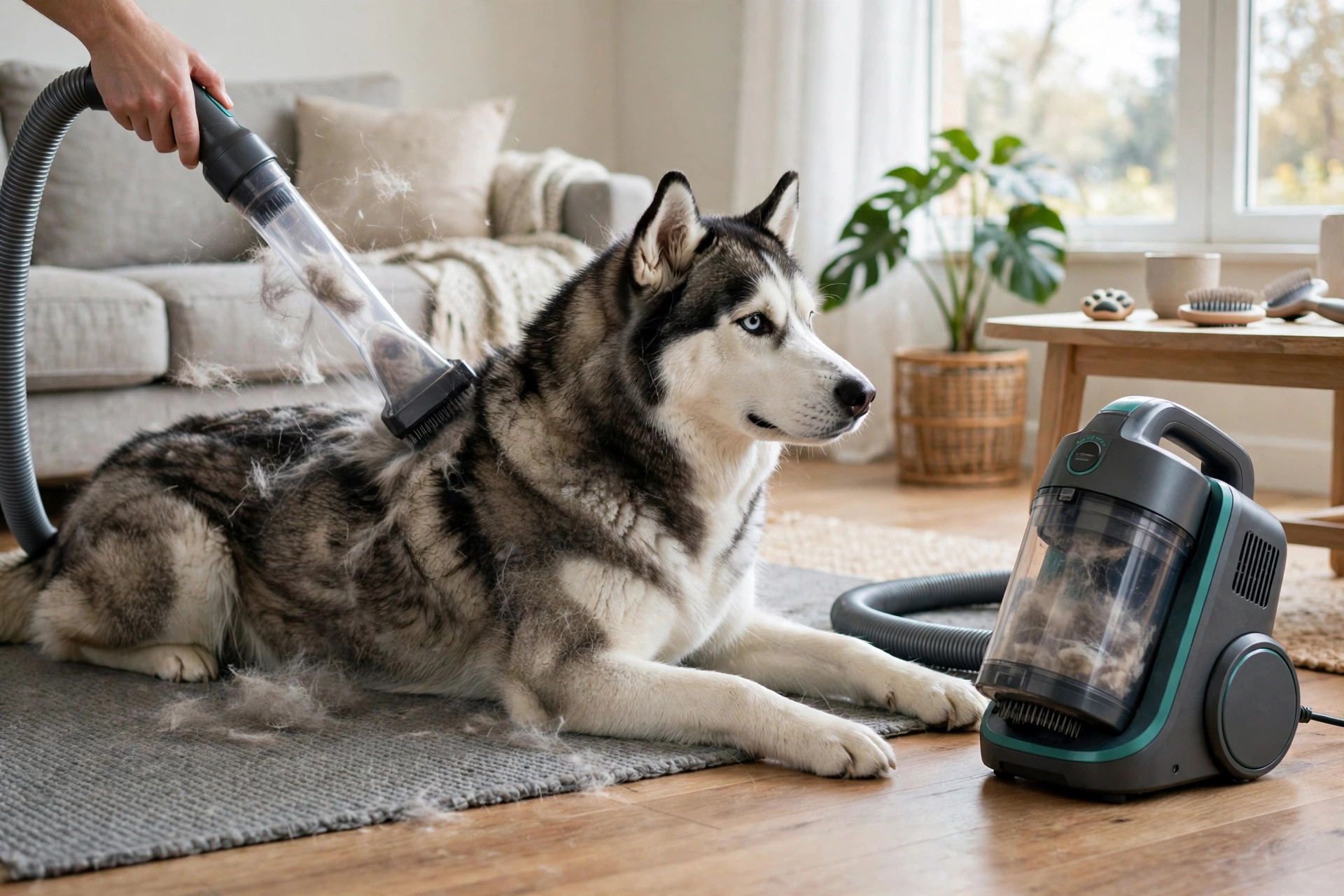 Pet grooming vacuum kit removing loose fur from a thick-coated husky