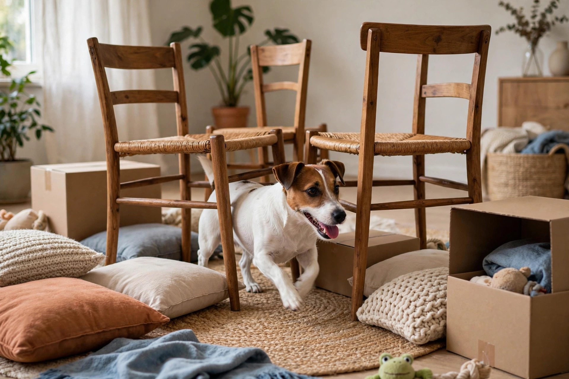 Dog weaving between chairs in a homemade indoor obstacle course
