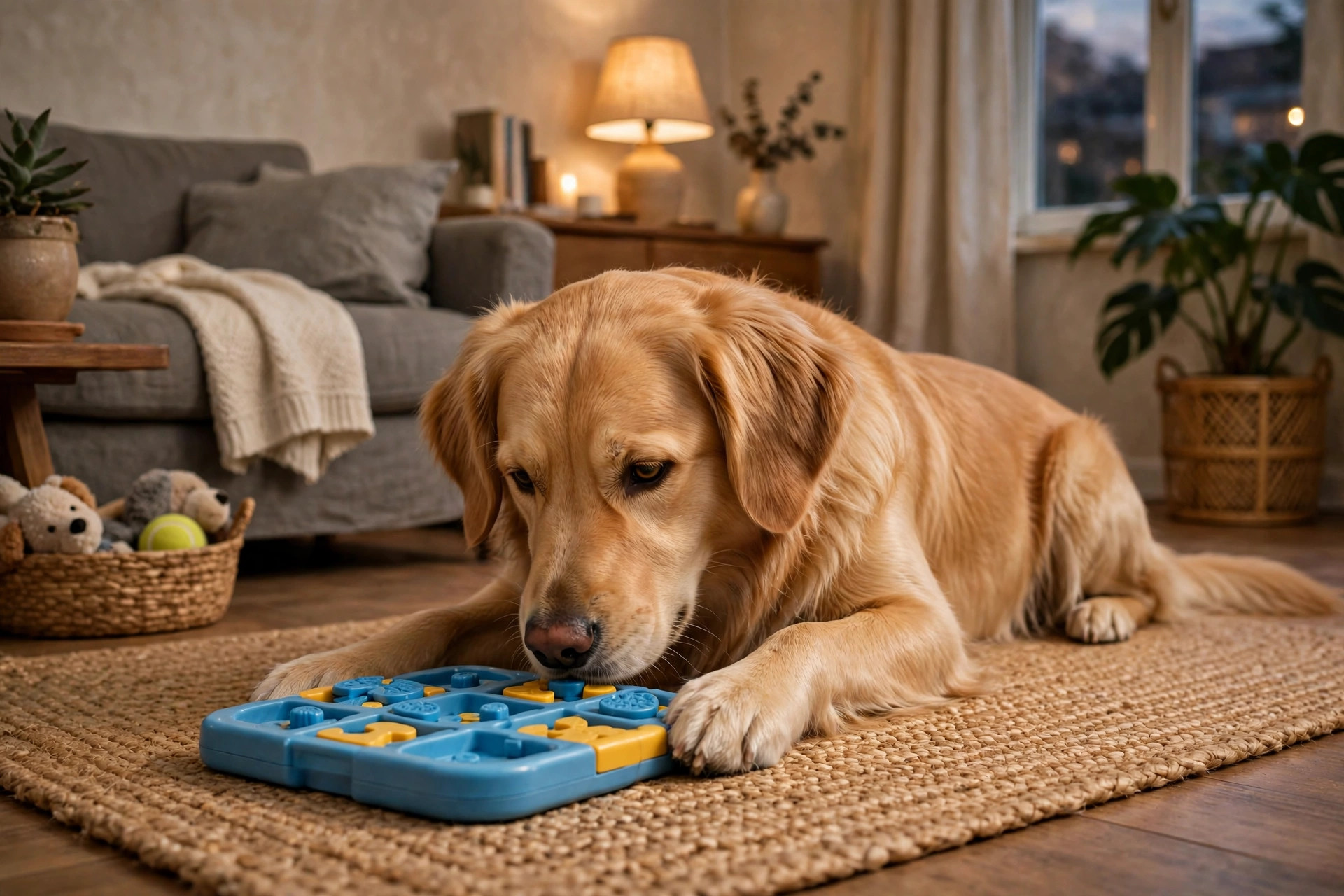 Calm dog working on a puzzle treat toy on a mat indoors